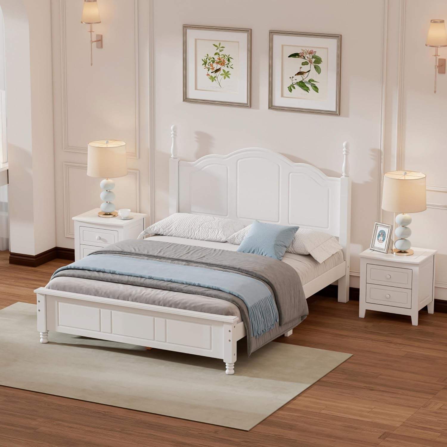 Rustic Farmhouse Bedroom Set with Elegant Curved Headboard, Sturdy Wooden Bed Frame and 2 Nightstands - Classic Country Style Furniture for Master Bedroom,Guest Room (White,Full Bed+2 Nightstands)