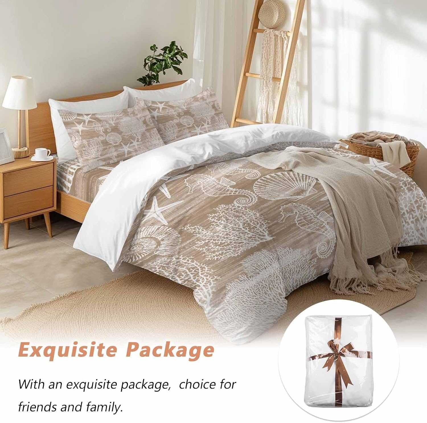 Prime Leader Brown Coastal Duvet Cover Set Queen Size 4 Pieces Nautical Starfish Seahorse Coral Summer Bedding Set with Zipper Closure, 1 Comforter Cover 92x106 Inches 1 Flat Sheet & 2 Pillow Cases