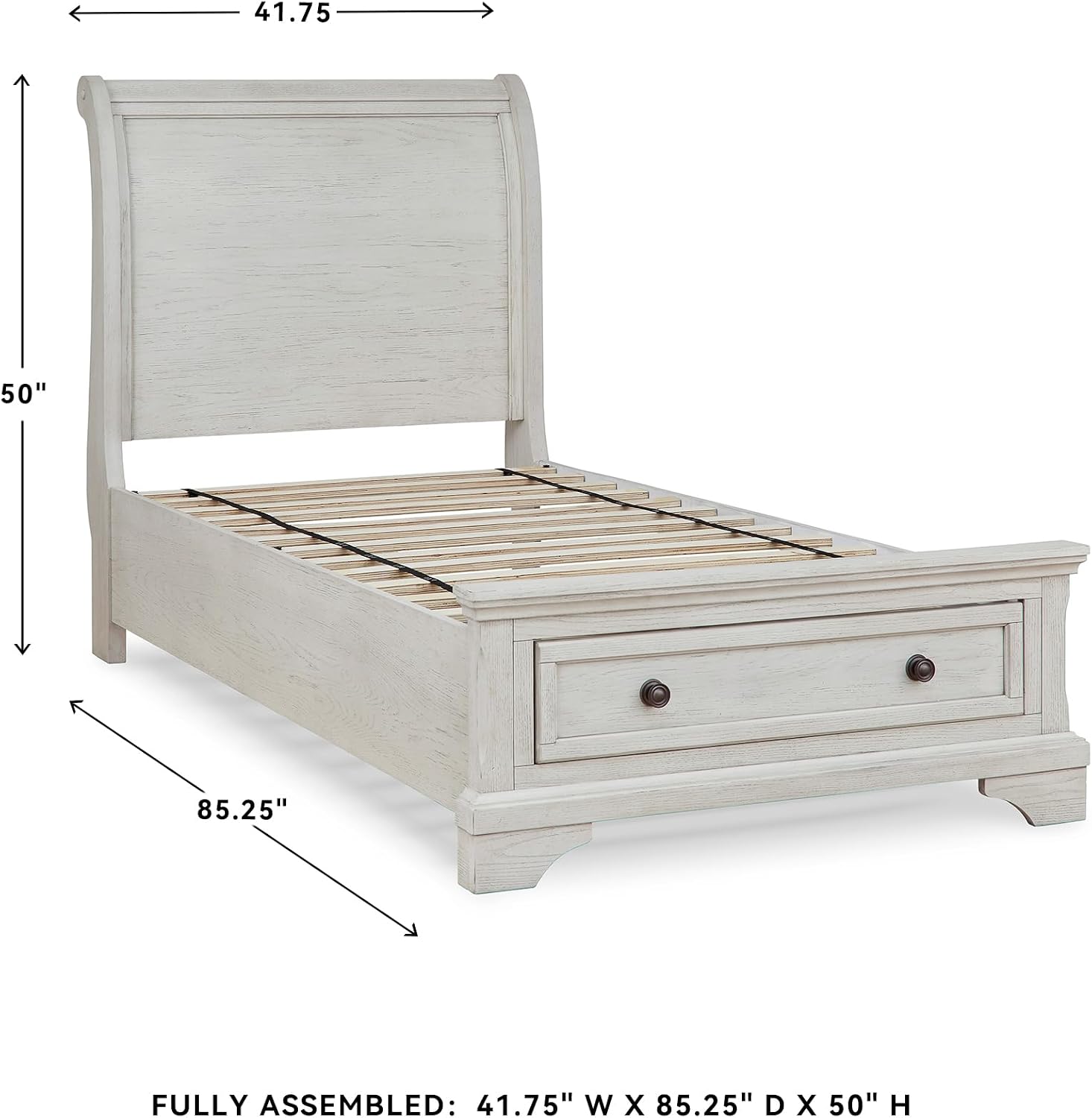 Signature Design by Ashley Robbinsdale Casual Twin Sleigh Storage Platform Bed with 1 Drawer, Foundation or Box Spring Not Needed, White