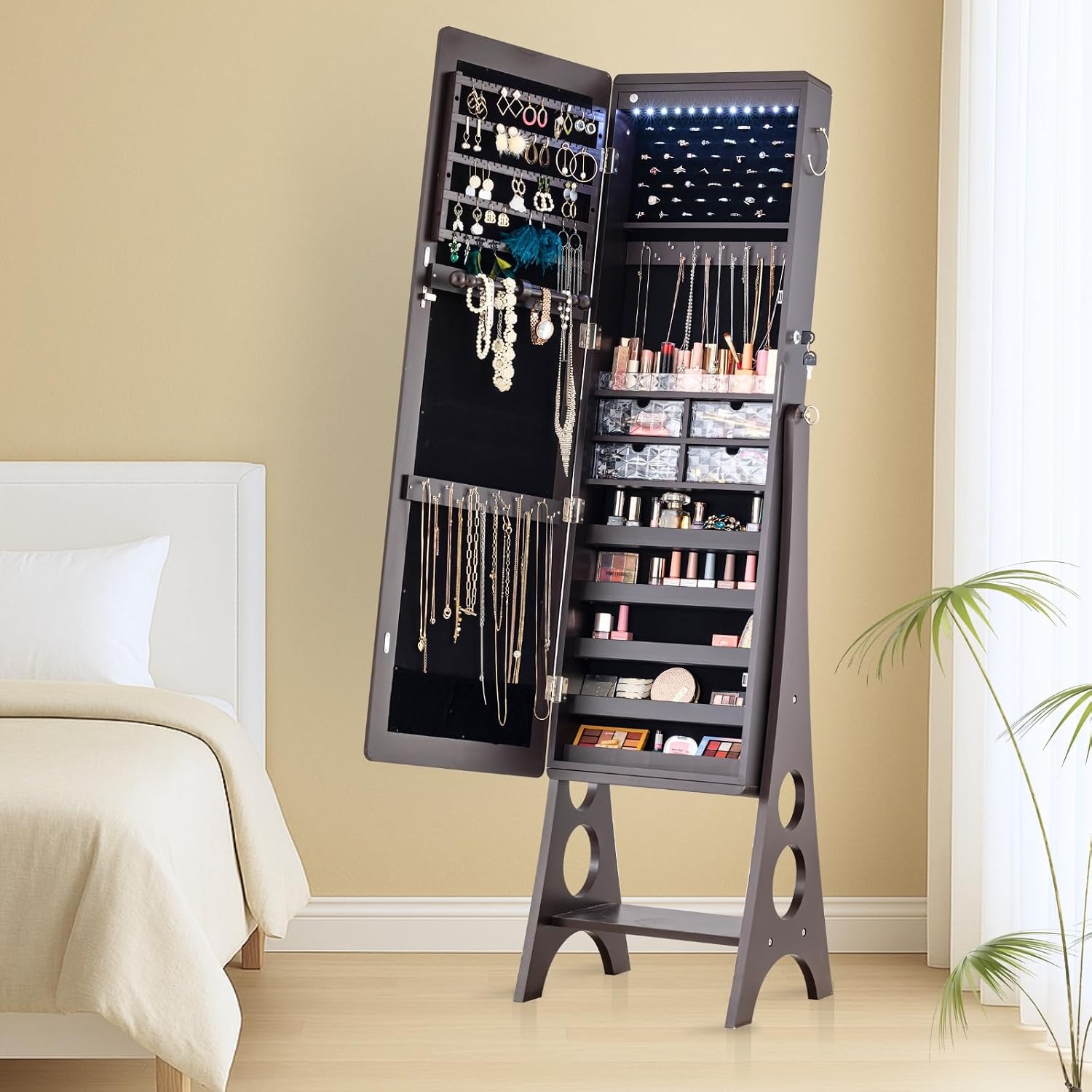 BTEXPERT Mirror Jewelry Cabinet Standing, Large Storage Jewelry Armoire, Full-Length Frameless Mirror with Jewelry Storage, 12 LED Lockable Standing Jewelry Organizer Brown