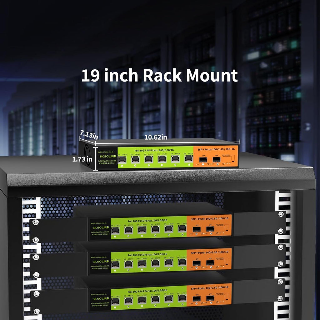 8 Port 10G Unmanaged Ethernet Switch, 6×10G RJ45 + 2×10G SFP+, 160Gbps, Low-Noise Fan, 6KV Surge Protection, Desktop & 19' Rack Mount Plug & Play for NAS, Gaming PC, WiFi 7 Router
