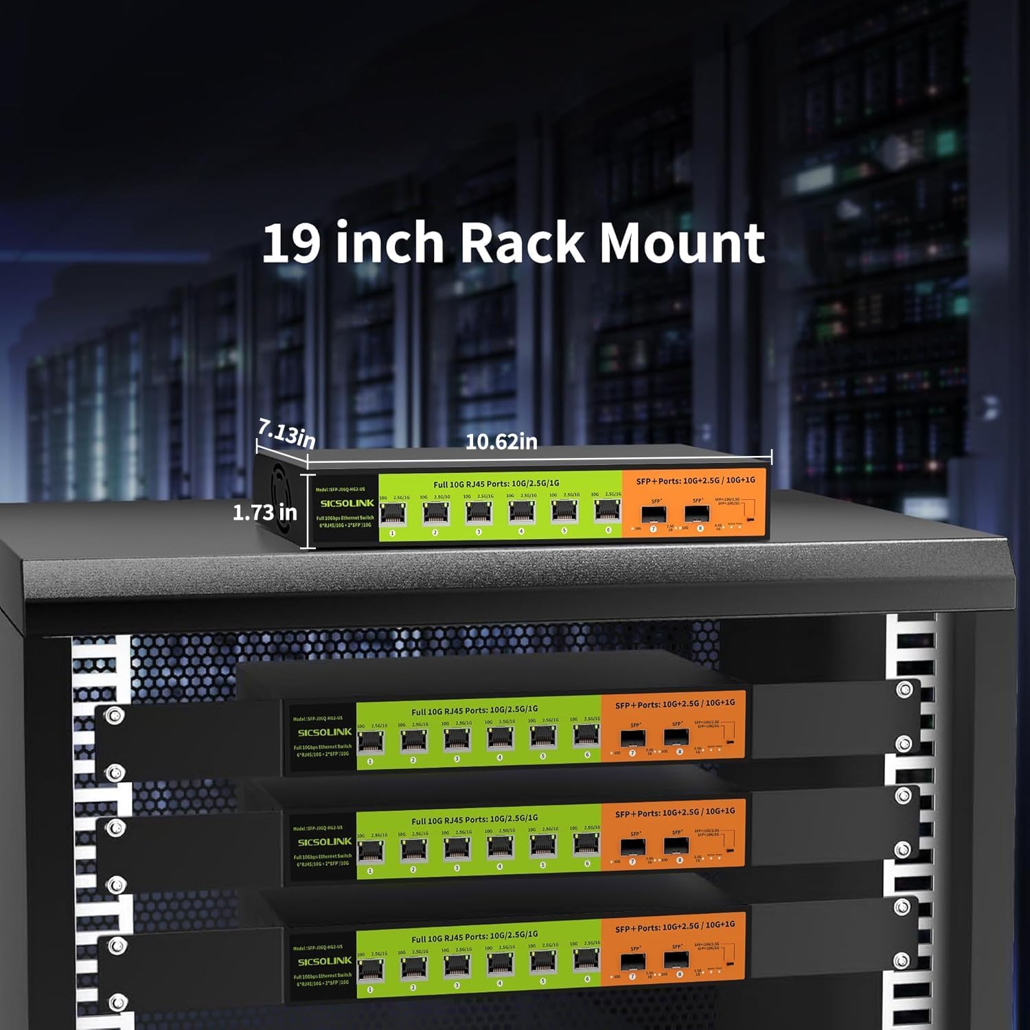 8 Port 10G Unmanaged Ethernet Switch, 6×10G RJ45 + 2×10G SFP+, 160Gbps, Low-Noise Fan, 6KV Surge Protection, Desktop & 19' Rack Mount Plug & Play for NAS, Gaming PC, WiFi 7 Router