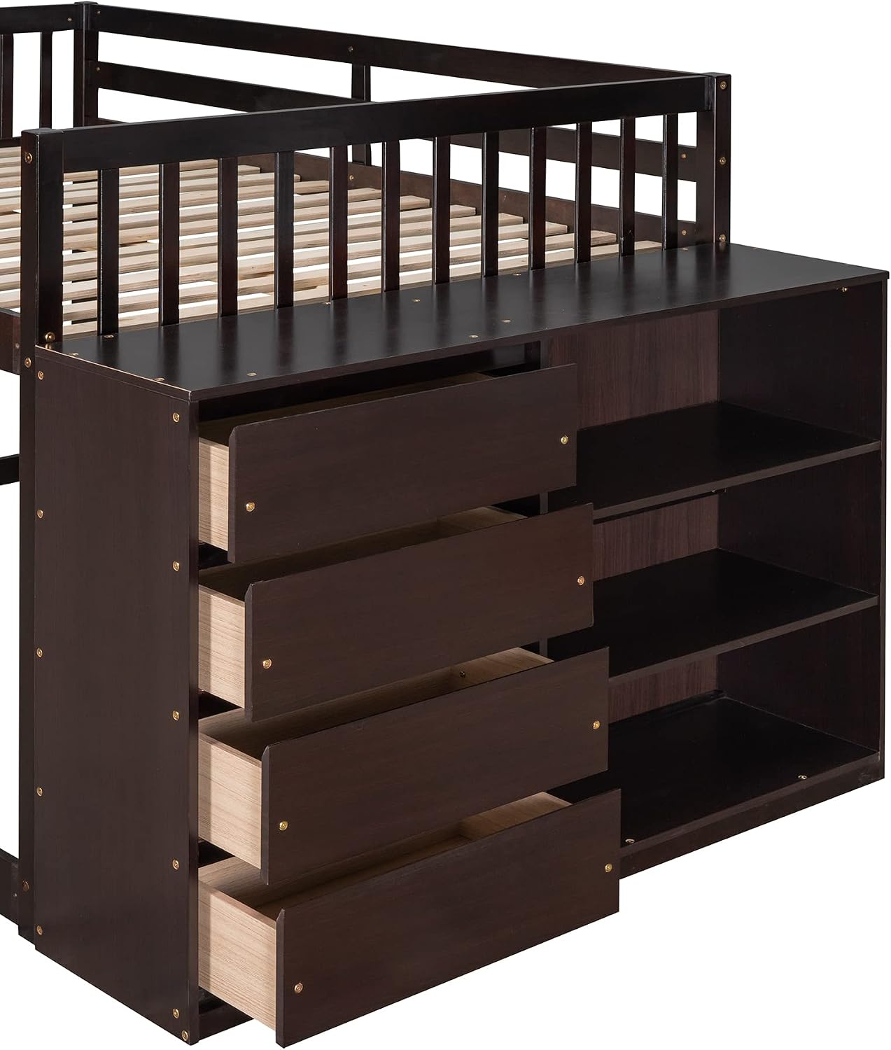 Full-Over-Full Size Bunk Bed, Bedroom Furniture Pine Wood Bed Frame with Storage Drawers and Open Shelves, Drawers and Shelves Set Can Be Moved, for Kids & Teens (Espresso)