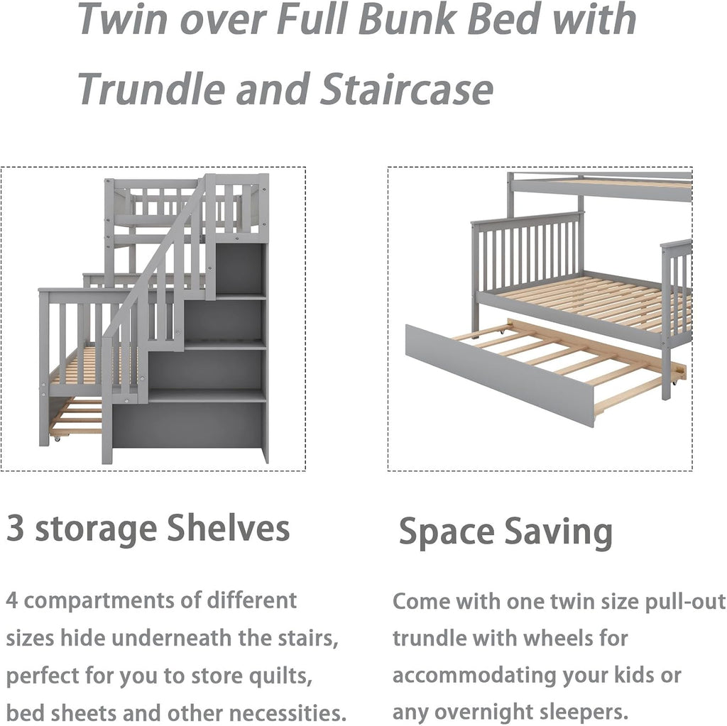 Merax Twin-Over-Full Stairway Bunk Bed with Trundle, Storage Staircase and Full Length Guardrail, Solid Wood Storage Bunk Bed with Trundle, No Spring Box Needed (Grey)