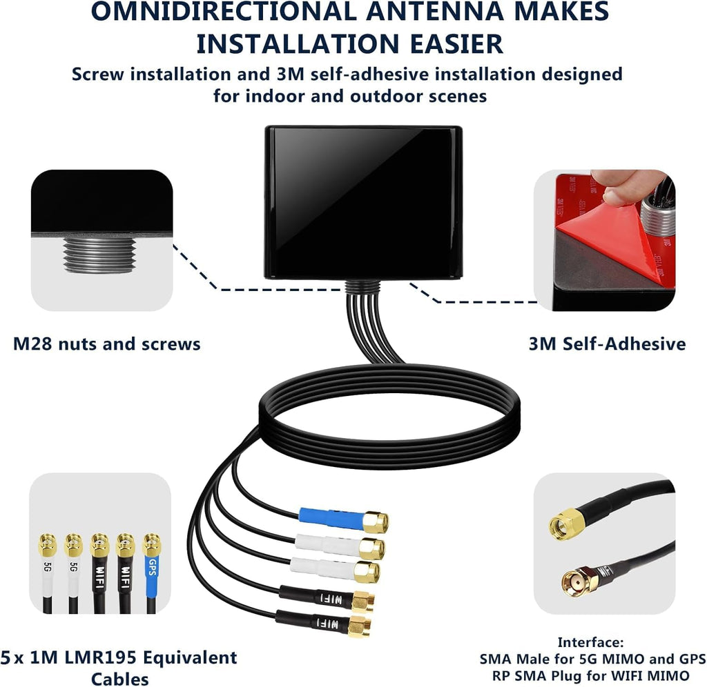 Maswell 2X2 5G MIMO 2X2 WIFI7 and GNSS Antenna 600MHz~8.0GHz Antenna Cellular 5G 4G LTE 3G WiFi6E UWB and GSM Screw Mount Cubic SMA Male RP SMA Plug Waterproof