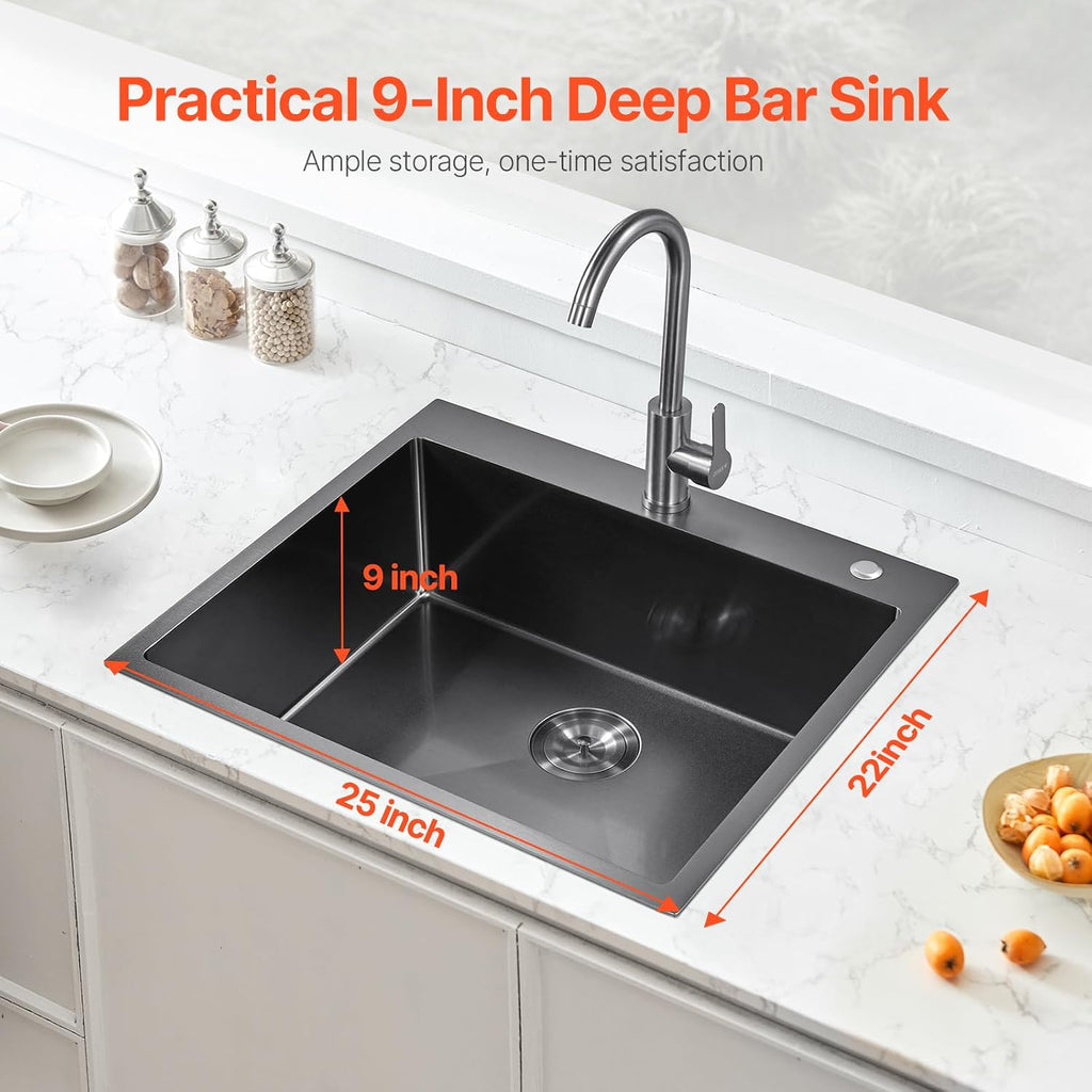 VEVOR 25' Recessed Kitchen Sink 9' Deep Top Mount Single Bowl Kitchen Sink 304 Stainless Steel Sink with Filter Basket Perfect for Home, RV, Laundry Room, Bar