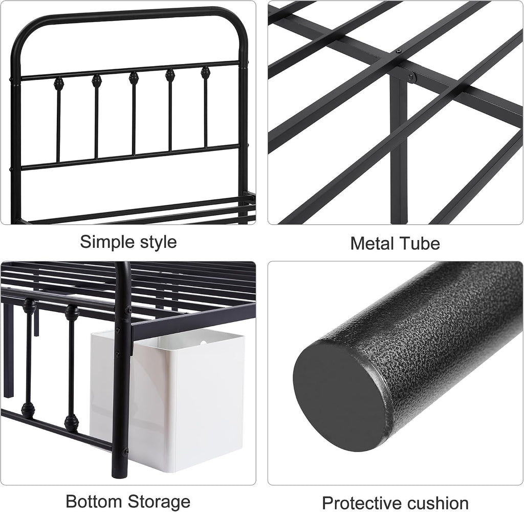 VECELO Twin Size Victorian Style Metal Bed Frame with Headboard Classic Metal Platform Bed Frame Mattress Foundation with Footboard/Under Bed Storage/No Box Spring Classic Black 2 Set