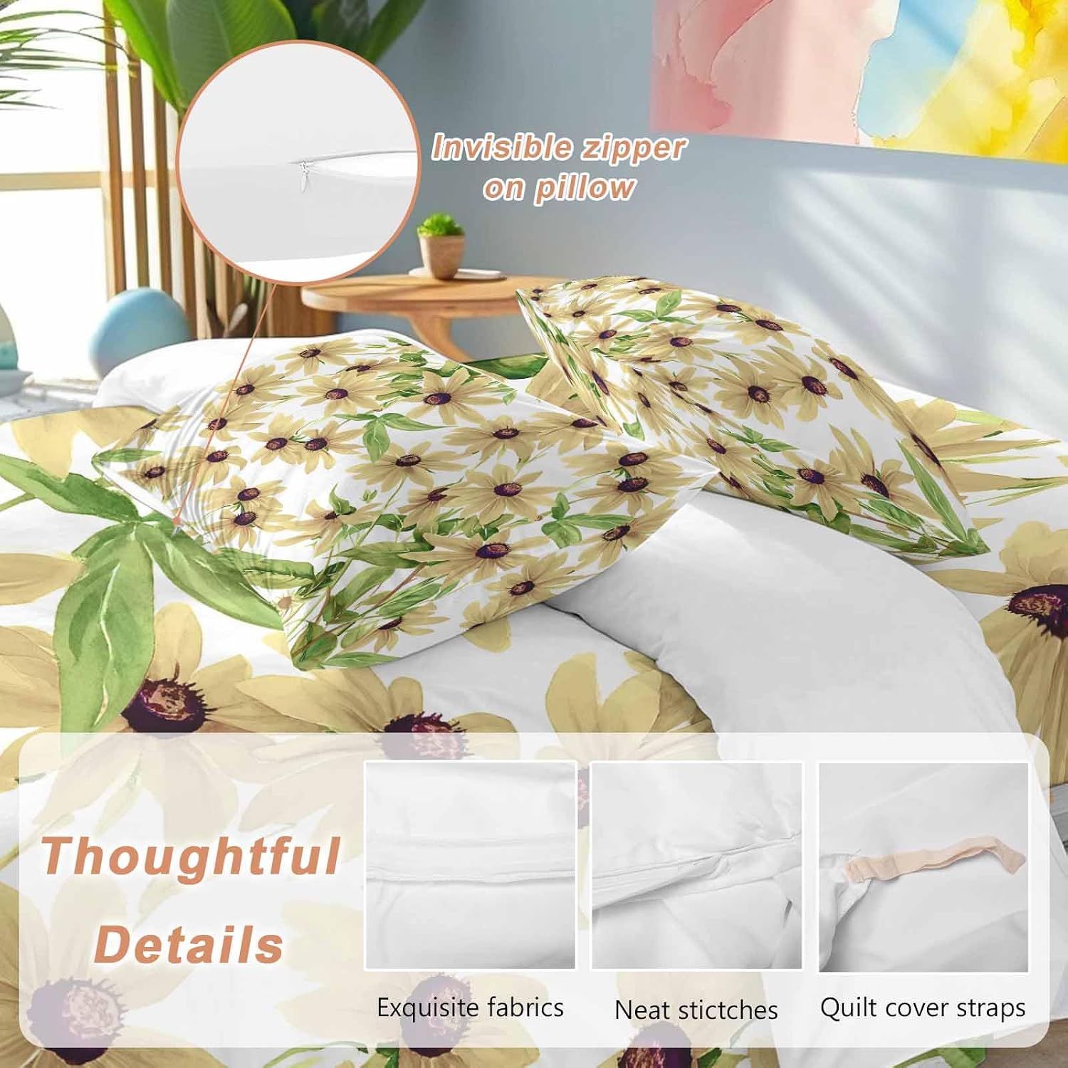 Light Yellow Sunflower Duvet Cover Set Queen Size 4 Pieces Watercolor Flower Green Leaf Spring Country Bedding Set with Zipper Closure, 1 Comforter Cover 92x106 Inches 1 Flat Sheet & 2 Pillow Cases