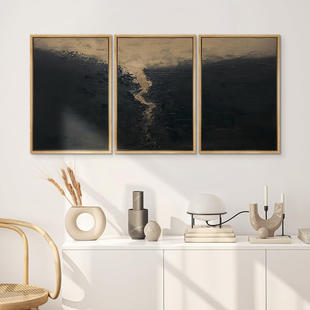 SIGNWIN Framed Canvas Print Wall Art Set Dark Horizon Abstract Black and Gold Illustrations Modern Scenic Colorful Ultra for Living Room, Bedroom, Office - 24'x36'x3 Natural