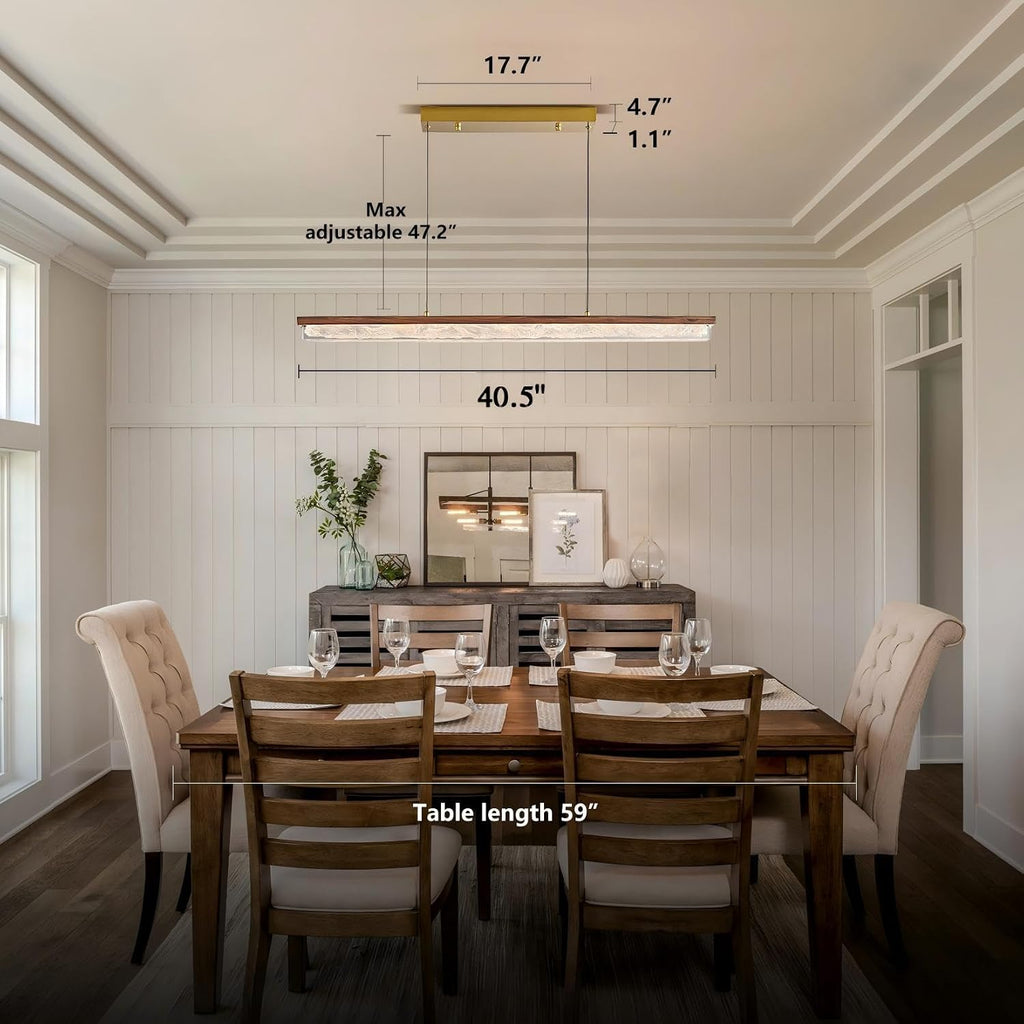 Wood Linear Chandelier,Dimmable Kitchen Island Lighting with Remote,Modern LED Pendant Light Fixture for Dining Room Over Table,Walnut Linear Chandeliers for bar,Living Room,Pool Table, 3000K-6000K.