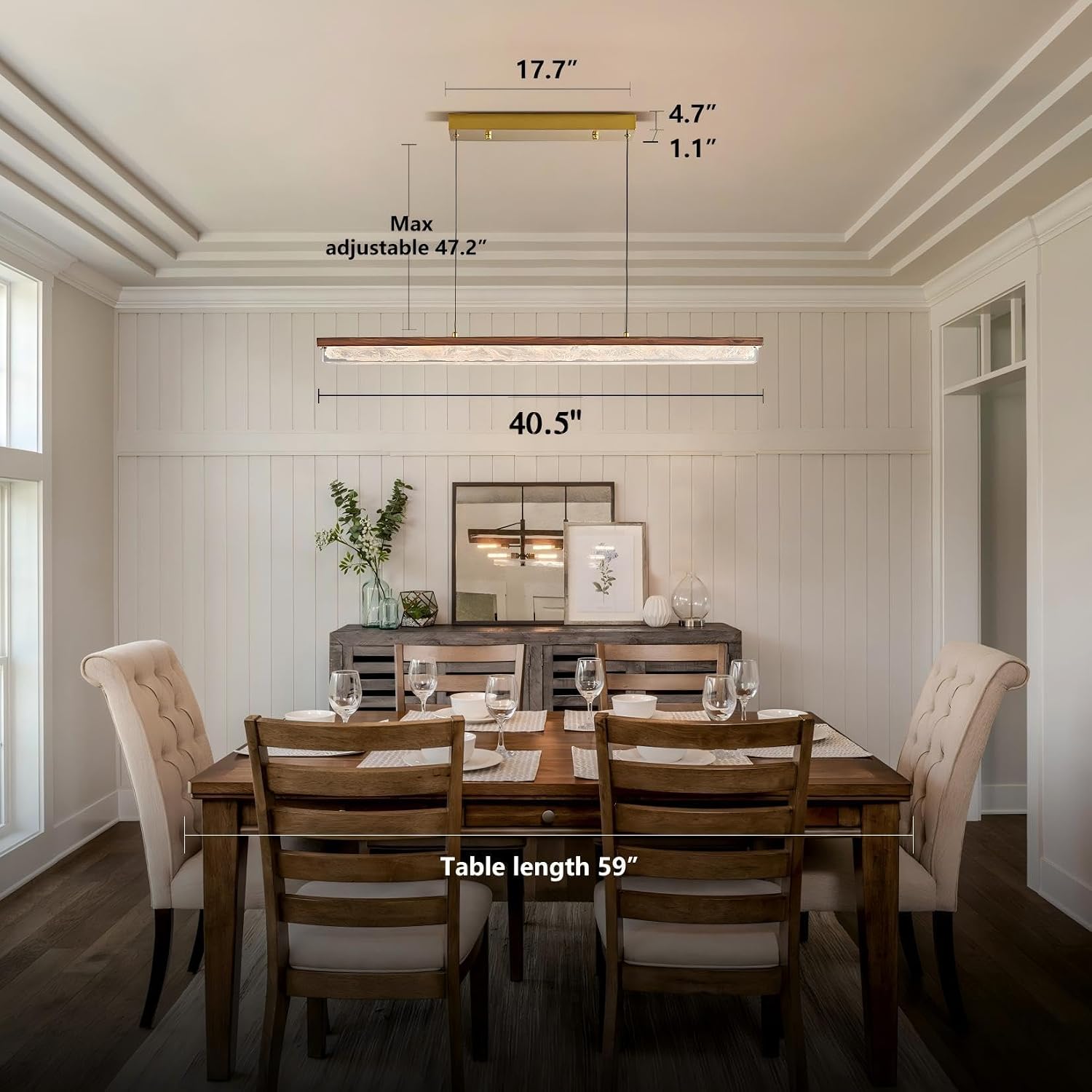 Wood Linear Chandelier,Dimmable Kitchen Island Lighting with Remote,Modern LED Pendant Light Fixture for Dining Room Over Table,Walnut Linear Chandeliers for bar,Living Room,Pool Table, 3000K-6000K.