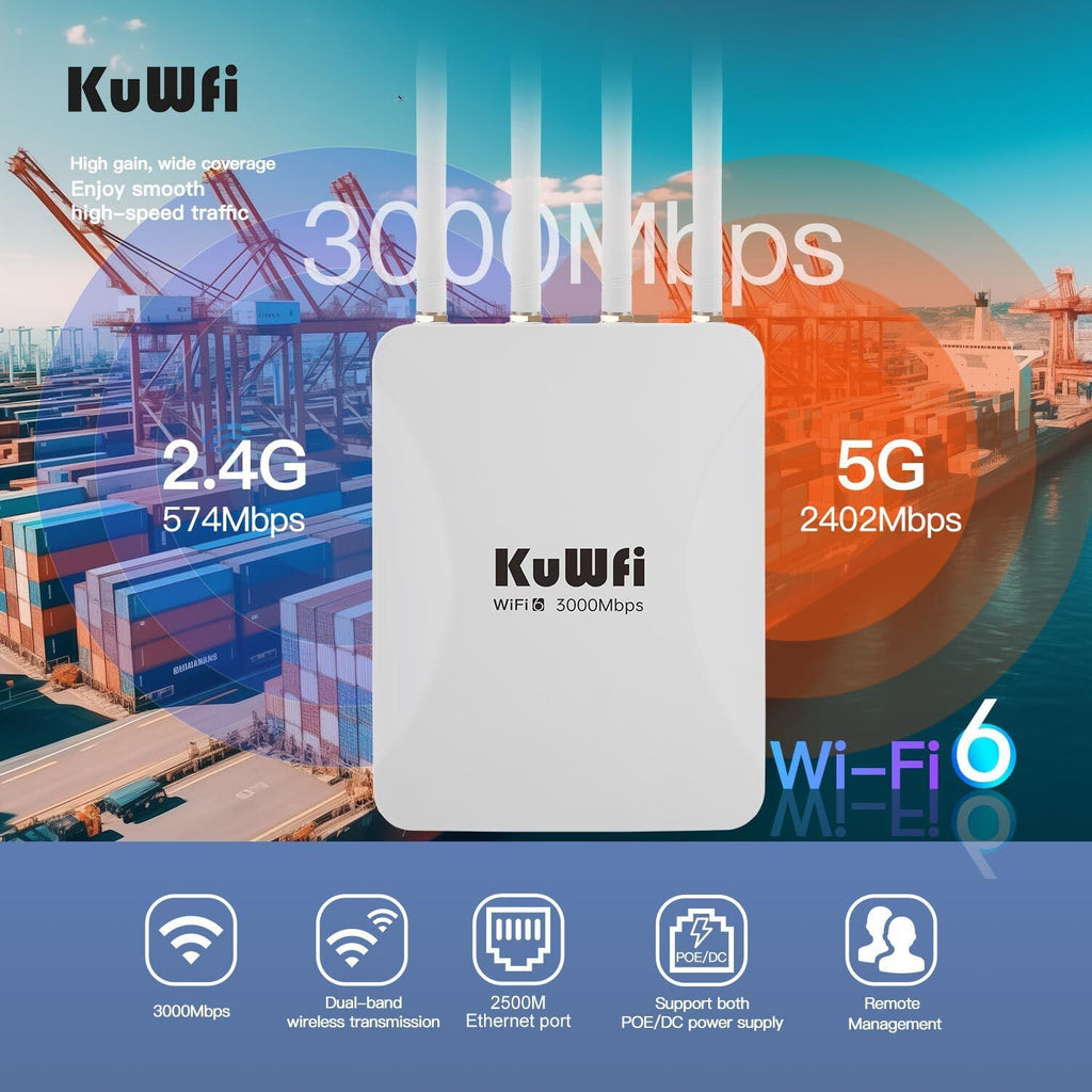 KuWFi 2.5Gbps AX3000 Outdoor WiFi 6 Extender, Long Range Outdoor WiFi Extender Signal Booster, IP65 Weatherproof Outdoor Wireless Access Point/Repeater with PoE for Farm, Yard, RV, Starlink