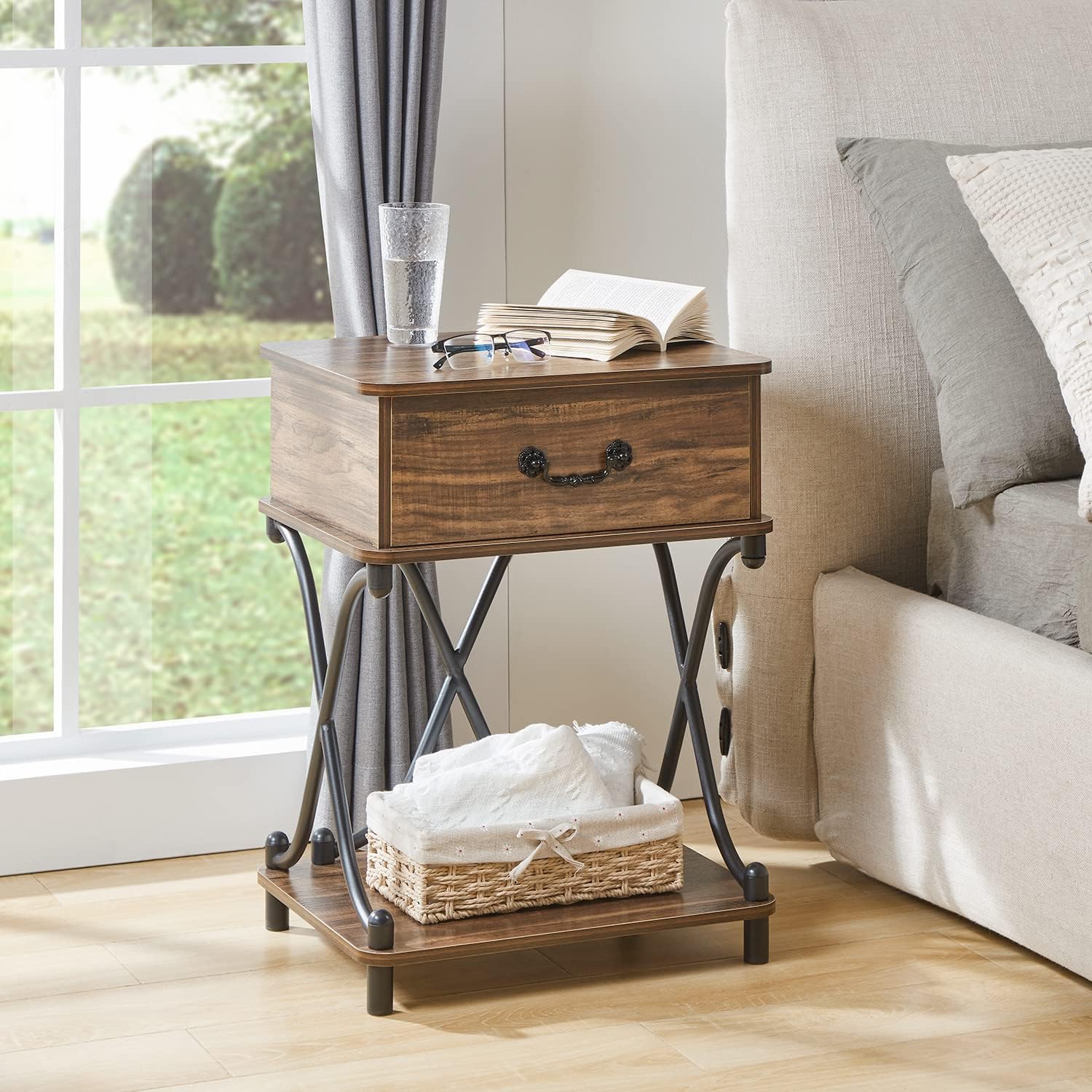 VECELO Nightstands Set of 2 with Drawer for Bedroom, Endtable Bedside Table with Storage & Open Shelf for Living Room, Brown