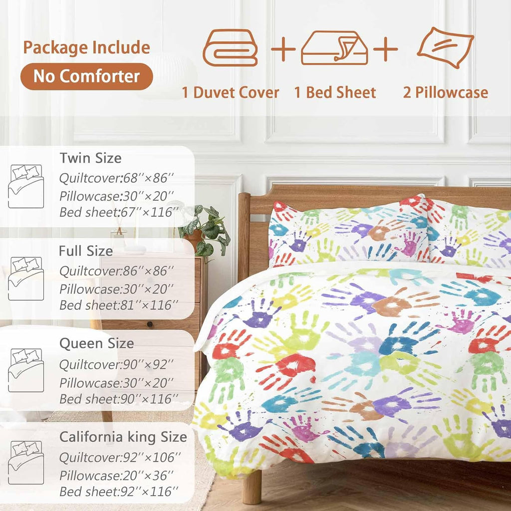 Colorful Cartoon Handprint Duvet Cover Set Queen Size 4 Pieces Cute Watercolor Red Green Blue Graffiti Bedding Set with Zipper Closure, 1 Comforter Cover 90x92 Inches 1 Flat Sheet & 2 Pillow Cases