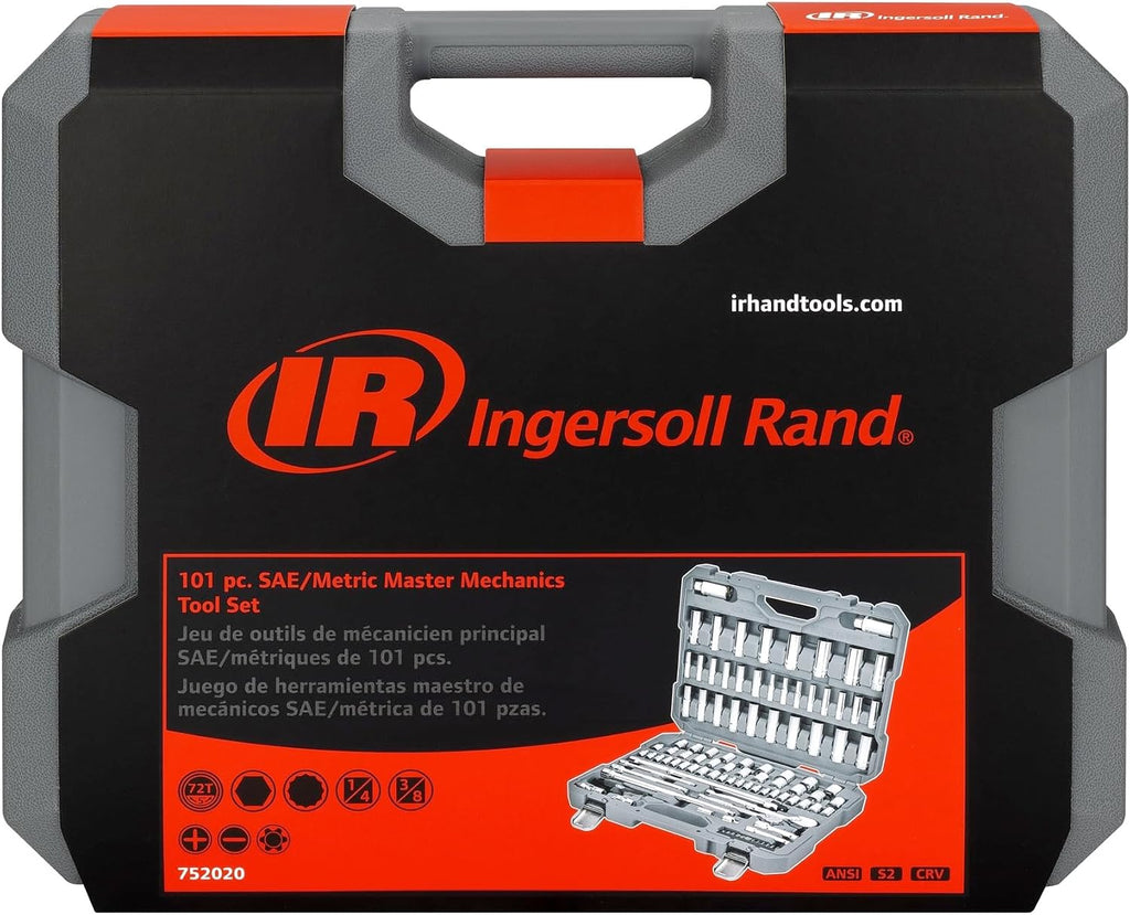Ingersoll Rand 101 Piece SAE/Metric Master Mechanics Tool Set, Includes 1/4' & 3/8' Drive, 76 Sockets, 72-Tooth Seal-Head Ratchets, Tools & Accessories – 752020