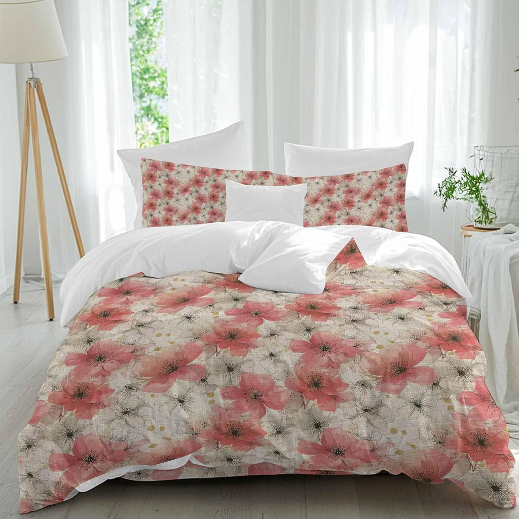 Spring Florals Duvet Cover Set Queen Size 4 Pieces Red White Floral Vintage Water Ink Painting Bedding Set with Zipper Closure, 1 Comforter Cover 92x106 Inches 1 Flat Sheet & 2 Pillow Cases