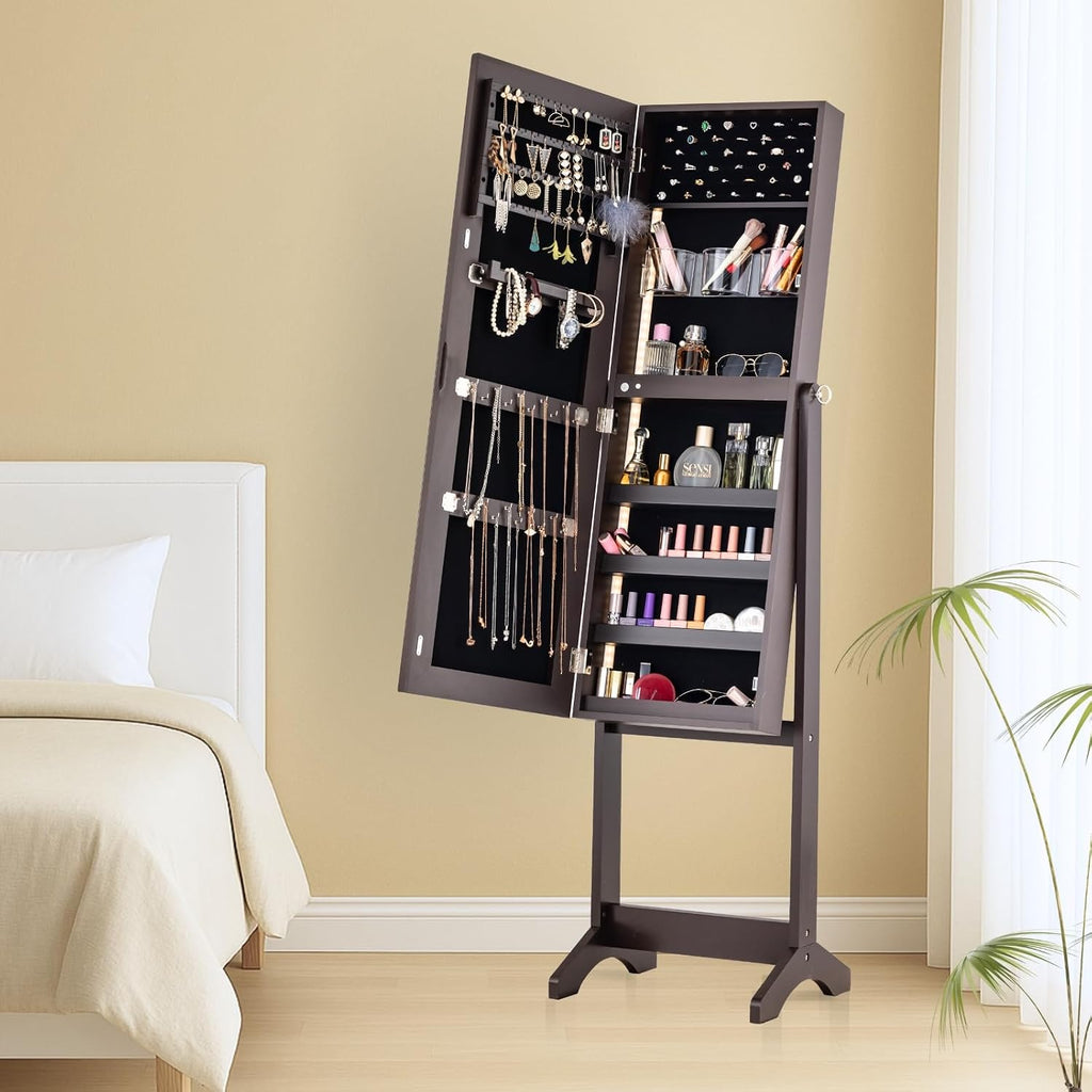 BTEXPERT Large Storage Jewelry Organizer with Frameless Mirror Free Standing Jewelry Armoire Cabinet (Brown)