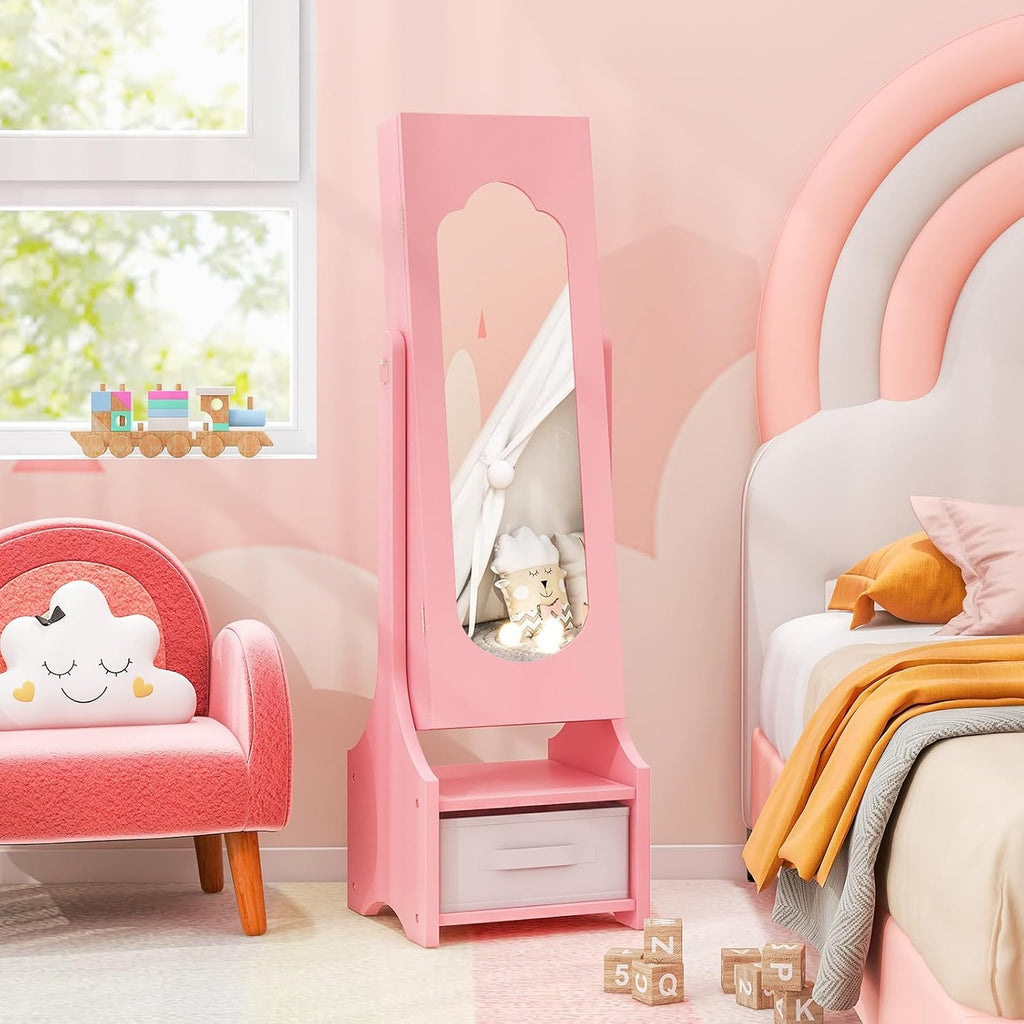 Costzon Kids Vanity & Jewelry Armoire Cabinet, Kids Vanity Table and Chair Set, Makeup Dressing Table, Standing Jewelry Organizer with Full-Length Mirror, Kids Bedroom Furniture Set for Girls (Pink)