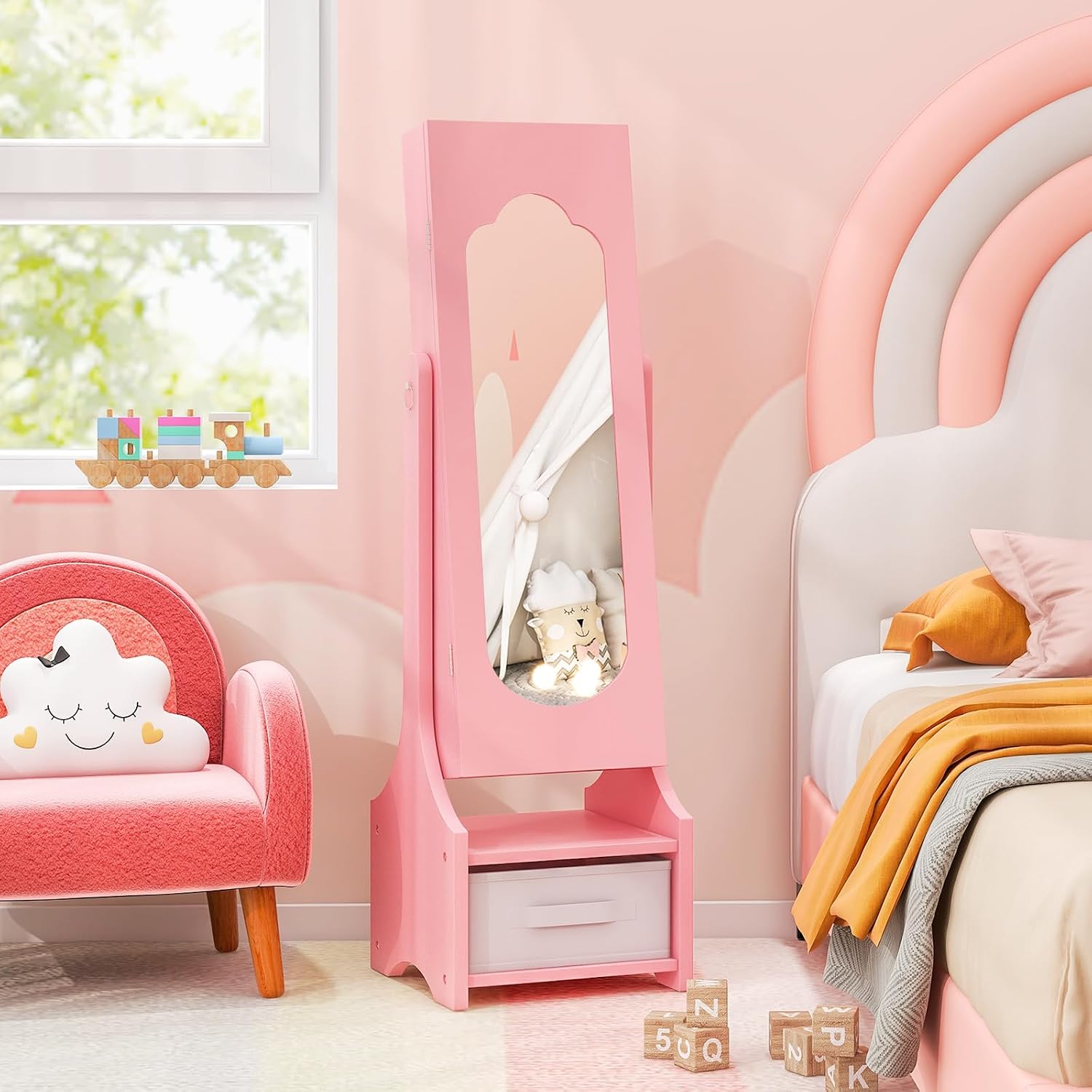 Costzon Kids Vanity & Jewelry Armoire Cabinet, Kids Vanity Table and Chair Set, Makeup Dressing Table, Standing Jewelry Organizer with Full-Length Mirror, Kids Bedroom Furniture Set for Girls (Pink)