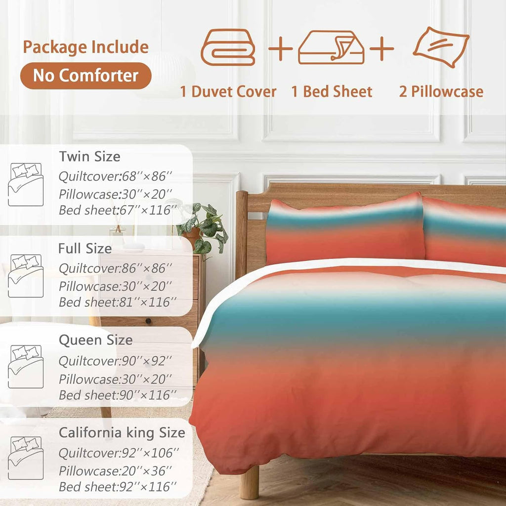Bohemian Gradient Red Duvet Cover Set Queen Size 4 Pieces Modern Minimalist Red Blue Ocean Beach Bedding Set with Zipper Closure, 1 Comforter Cover 90x92 Inches 1 Flat Sheet & 2 Pillow Cases
