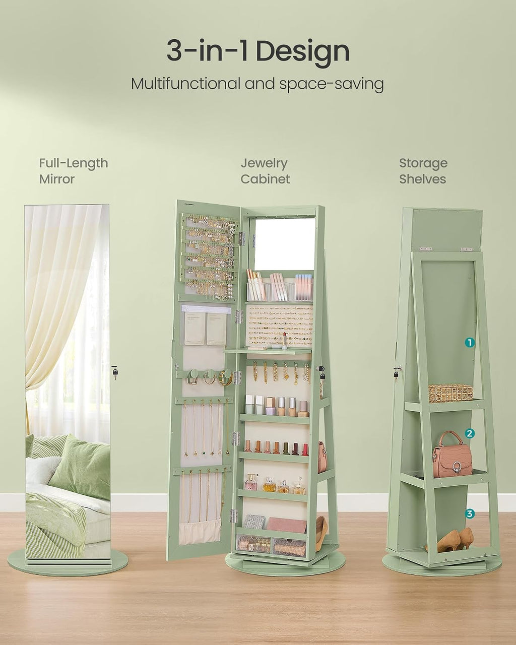 SONGMICS 6 LEDs Lockable Mirror Jewelry Cabinet, 360° Swivel Jewelry Organizer Armoire Standing, Frameless Full-Length Mirror, 3 Storage Shelves, Laurel Green Surface, Cream White Lining UJJC007C01