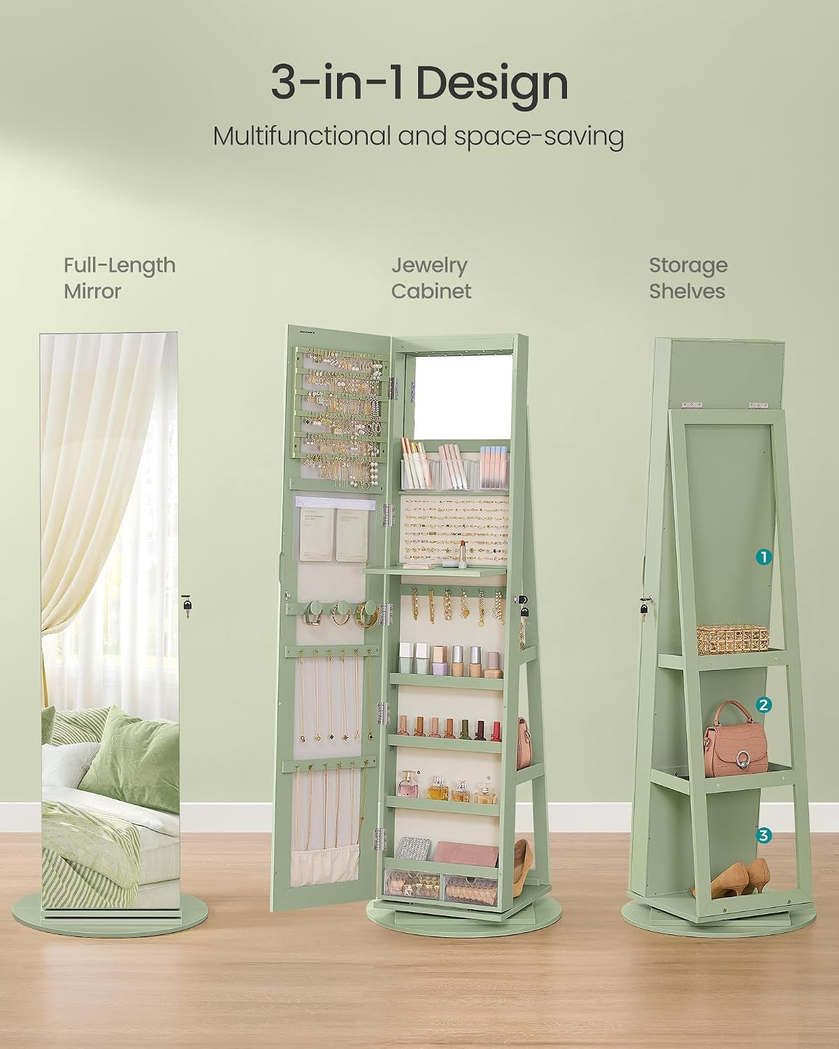 SONGMICS 6 LEDs Lockable Mirror Jewelry Cabinet, 360° Swivel Jewelry Organizer Armoire Standing, Frameless Full-Length Mirror, 3 Storage Shelves, Laurel Green Surface, Cream White Lining UJJC007C01