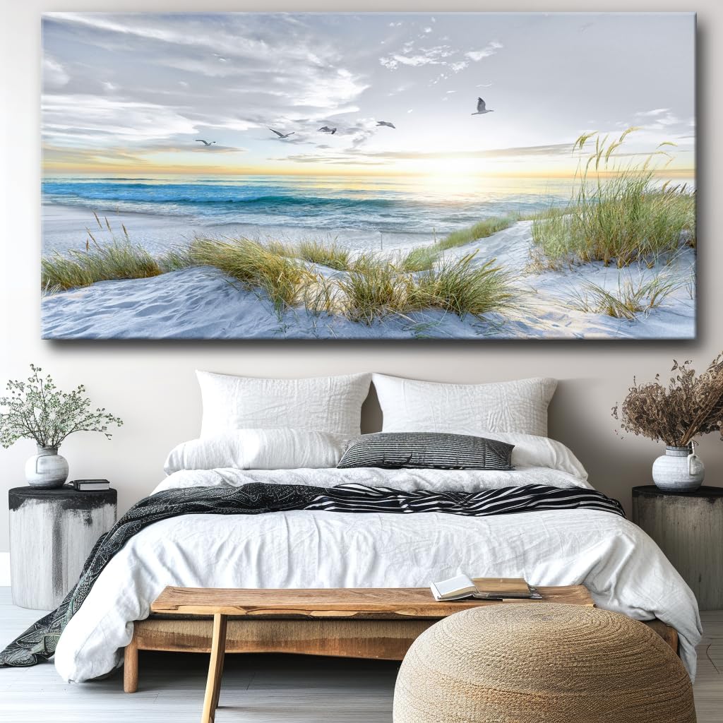 Canvas Prints Wall Art Beach Sunrise Ocean Waves Beach Grass Nature Pictures Stretched Canvas for living Room Bedroom and Office Home Decor 71'x36' with Framed
