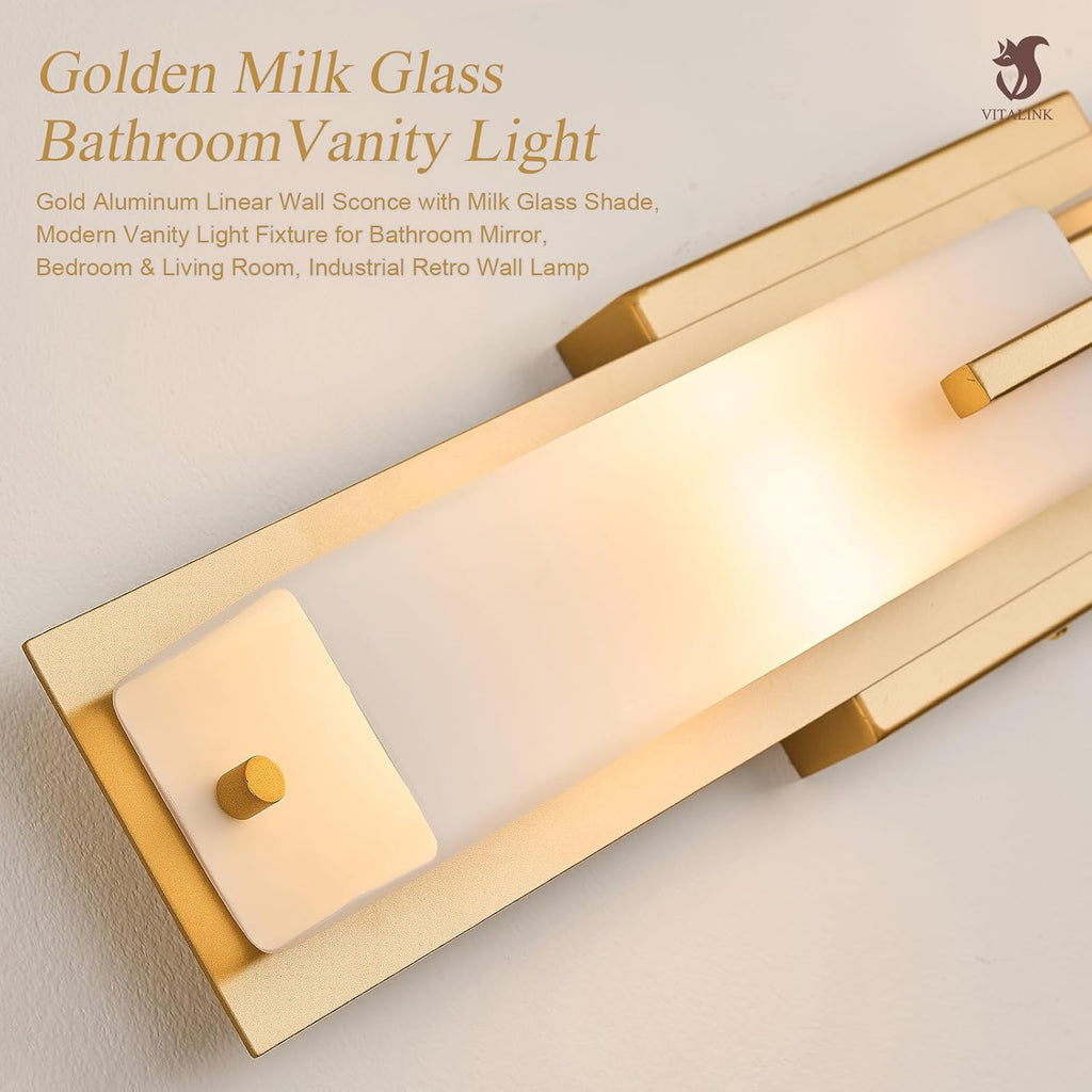 VitaLink Gold Vanity Light, 24' Modern Bathroom Wall Light Over Vanity Mirror 2-Light Hardwired Milky White Glass Wall Light for Bedroom Living Room Dining Room Hallway