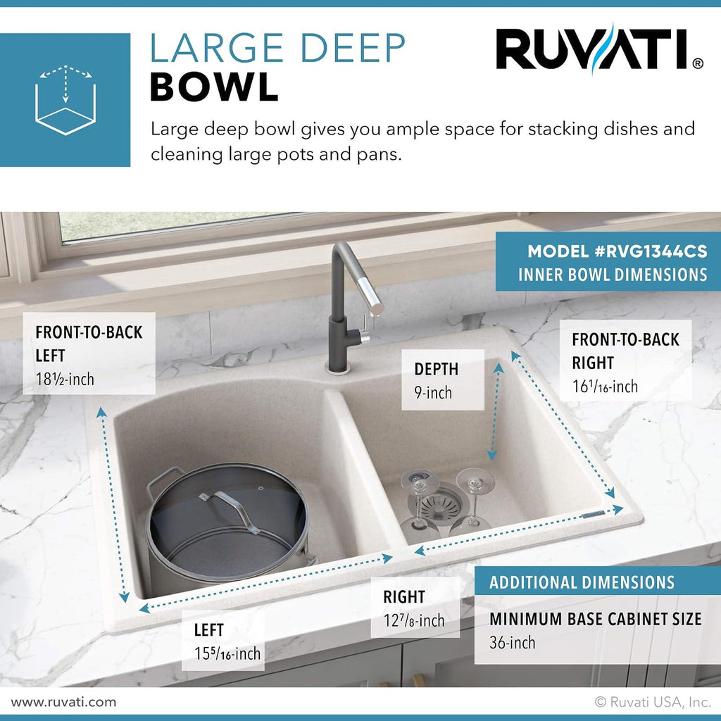 Ruvati 33 x 22 inch epiGranite Drop-in Topmount Granite Composite Quartz Double Bowl Kitchen Sink - Caribbean Sand - RVG1344CS