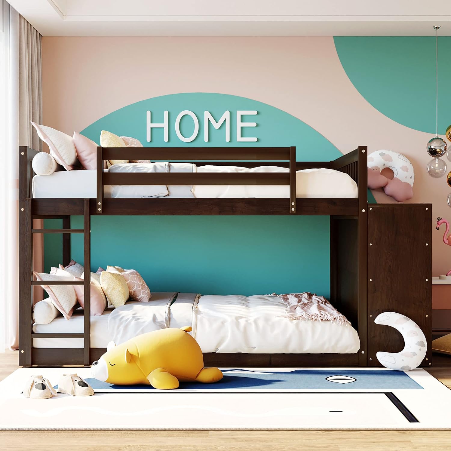 Full-Over-Full Size Bunk Bed, Bedroom Furniture Pine Wood Bed Frame with Storage Drawers and Open Shelves, Drawers and Shelves Set Can Be Moved, for Kids & Teens (Espresso)
