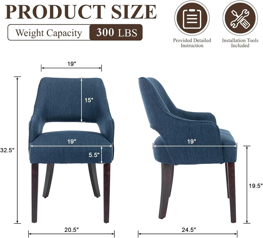 Farmhouse Upholstered Dining Chairs Set of 2, Linen Fabric Dining Room Chairs with Arms, Solid Wood Kitchen Side Chairs for Dining Living Room Bedroom, Upgraded Size, Blue