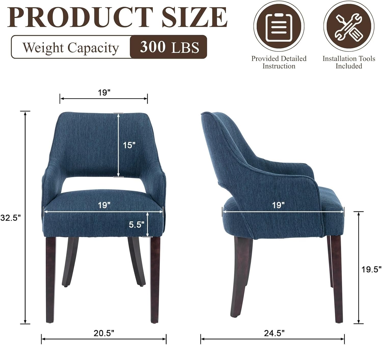 Farmhouse Upholstered Dining Chairs Set of 2, Linen Fabric Dining Room Chairs with Arms, Solid Wood Kitchen Side Chairs for Dining Living Room Bedroom, Upgraded Size, Blue