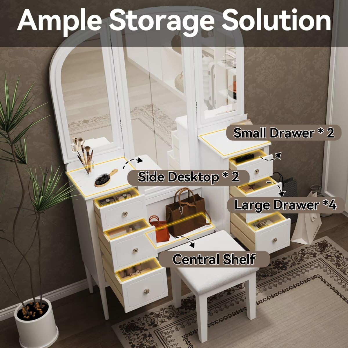 JIJIWANG 68.75H Antique Makeup Vanity Desk with Triple Mirror,6-Drawer Dressing Table Set Including Stool,Full Length Mirror for Bedroom Dressing Room,White