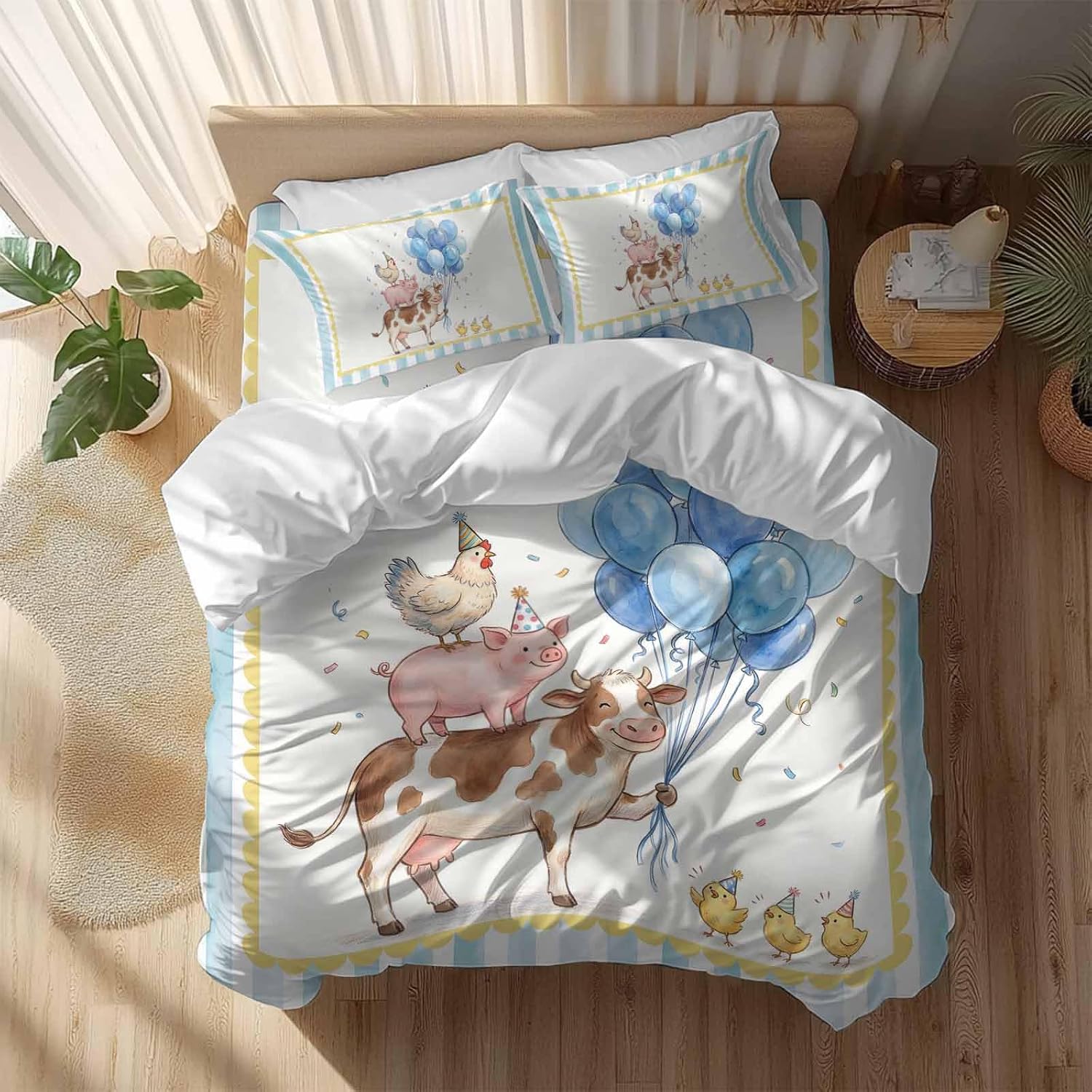 Pig Cow Duvet Cover Set Queen Size 4 Pieces Hen Chicks Blue Balloons Watercolor Animal Yellow Border Striped Bedding Set with Zipper Closure,1 Comforter Cover 92x106 Inches 1 Flat Sheet&2 Pillow Cases