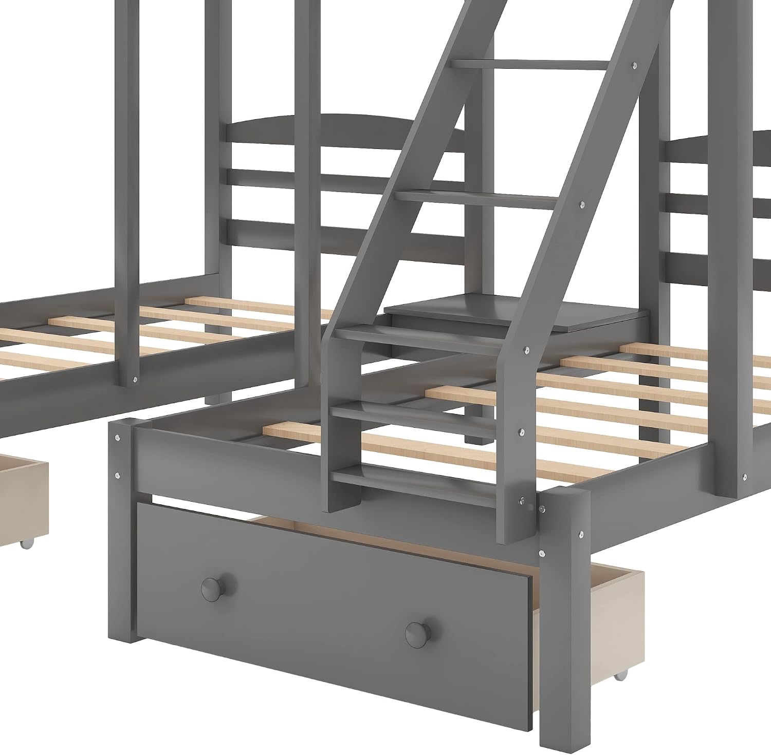 Wood Triple Bed Bunk Bed with 2 Storage Drawers, 3-in 1 Full Over Twin & Twin Bunk Bed Frame with Built-in Middle Drawer, Guardrail Ladder for Kids Teens Adults, Maximized Space Design (Grey-full)