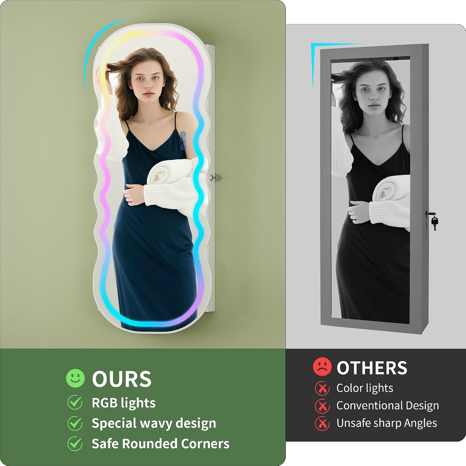 HNEBC LED Mirror Jewelry Cabinet with RGB Lights,42.5' Wall Mounted Jewelry Organizer with Full-Length Mirror,Over The Door Hanging Jewelry Armoire Storage Cabinet,Lockable,Wide Wavy Mirror