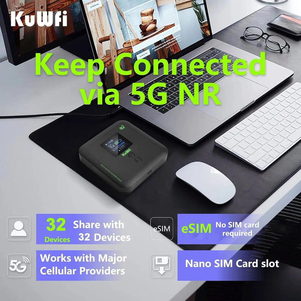 KuWFi Ultra-Fast eSIM Router Portable 5G WiFi 6 Mobile Hotspot|Unlocked WiFi Pocket with 6000mAh|3000Mbps SIM Router 5G for RV & Travel|Hotspot Supports eSIM/SIM Slot&32 Devices|Compatible with AT&T