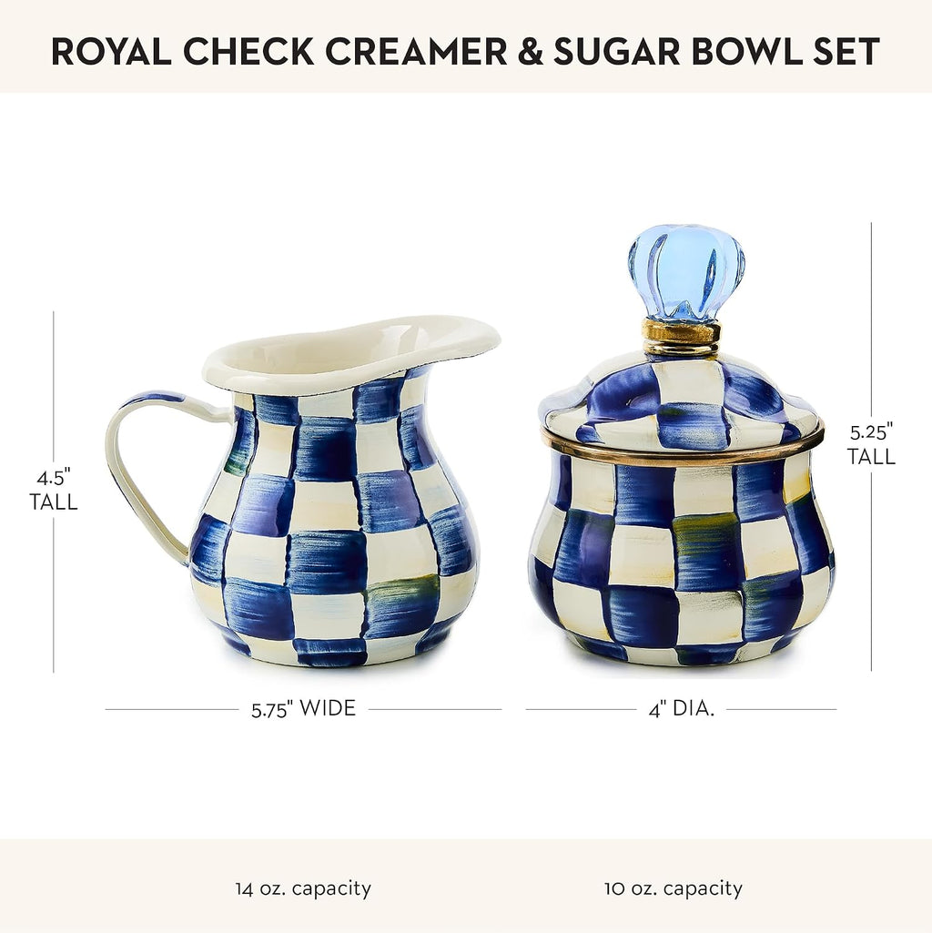 MACKENZIE-CHILDS Enamel Creamer and Sugar-Bowl Set, Cream Dispenser and Sugar Holder, Unique Kitchen Decor, Blue-and-White Royal Check