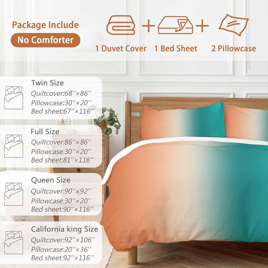 Gradient Green Orange Duvet Cover Set Queen Size 4 Pieces Modern Abstract Minimalist Teal Brown Ocean Beach Bedding Set with Zipper Closure,1 Comforter Cover 90x92 Inches 1 Flat Sheet & 2 Pillow Cases