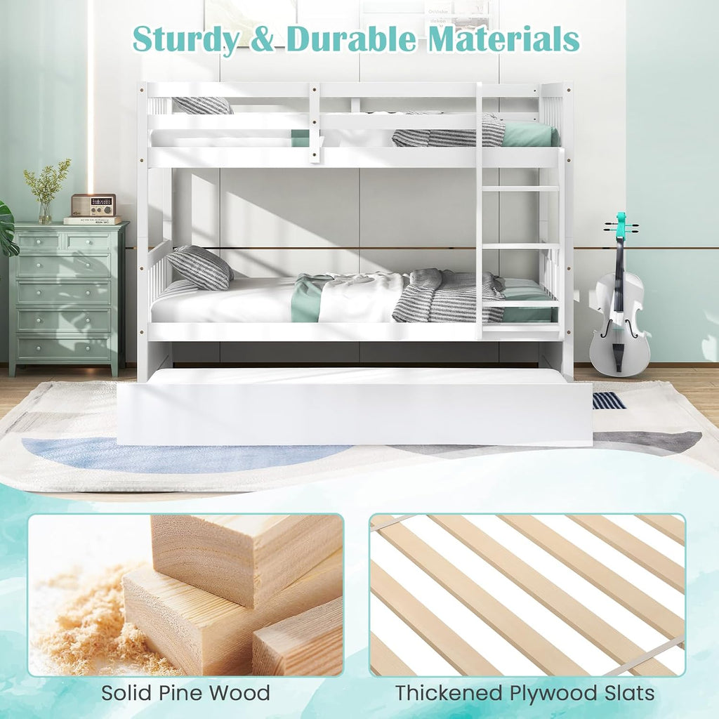 MAT EXPERT Twin Over Twin Bunk Bed with Trundle, Solid Wood Bunk Bed Frame w/Ladder, Slats & Rail, Convertible Twin Size Platform Bed for Kids, Space-Saving Bunk Beds for Bedroom Dorm (White)
