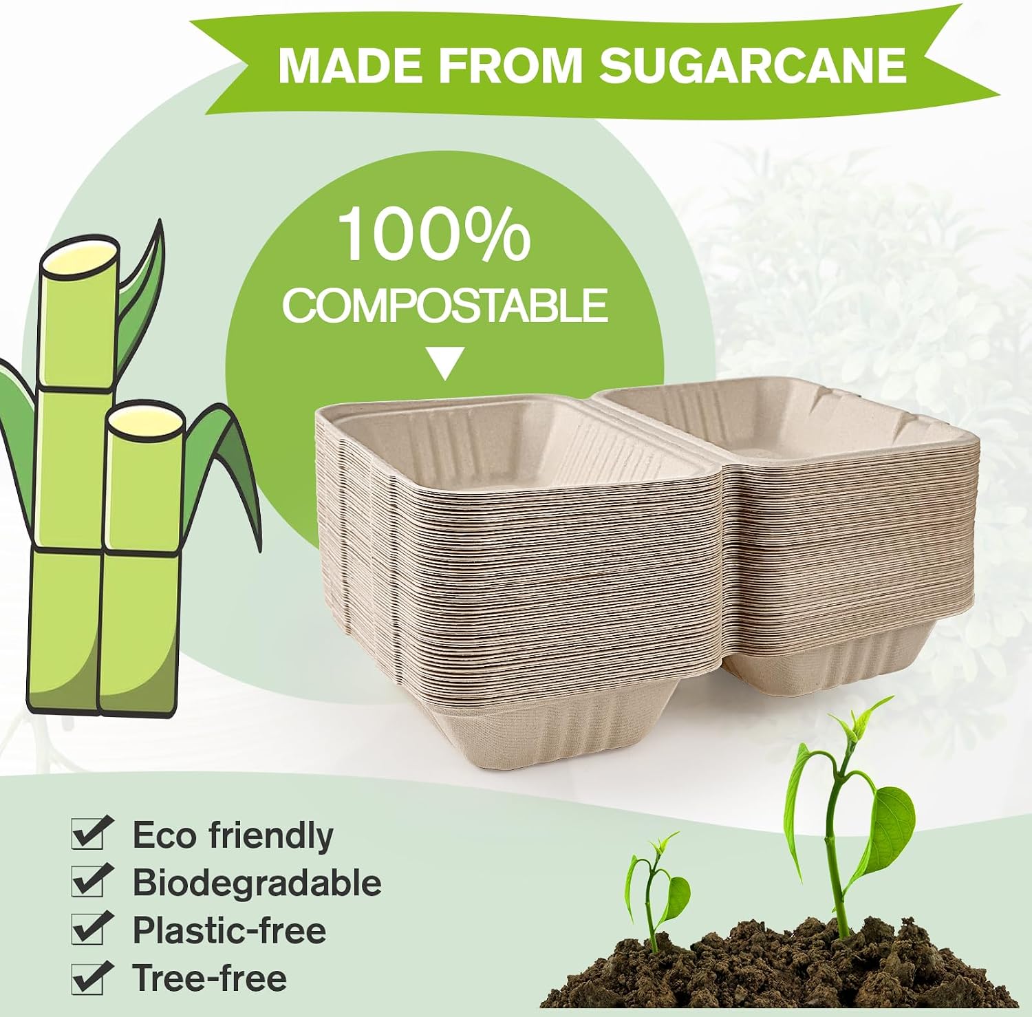 ECOLipak 500 Pack Clamshell Take Out Food Containers, 100% Compostable Disposable To Go Containers, 9X6 inch Heavy-Duty To Go Boxes for Food