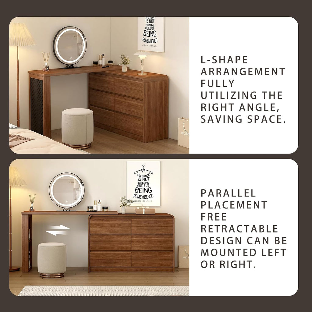 Makeup Vanity Desk with Touch Screen Mirror, 50-90 in Adjustable Sturdy Vanity Table Set with Chair, Bedroom Elegant Dressing Table for Women with 6 Drawer Rounded Corners Storage Cabinet, Brown