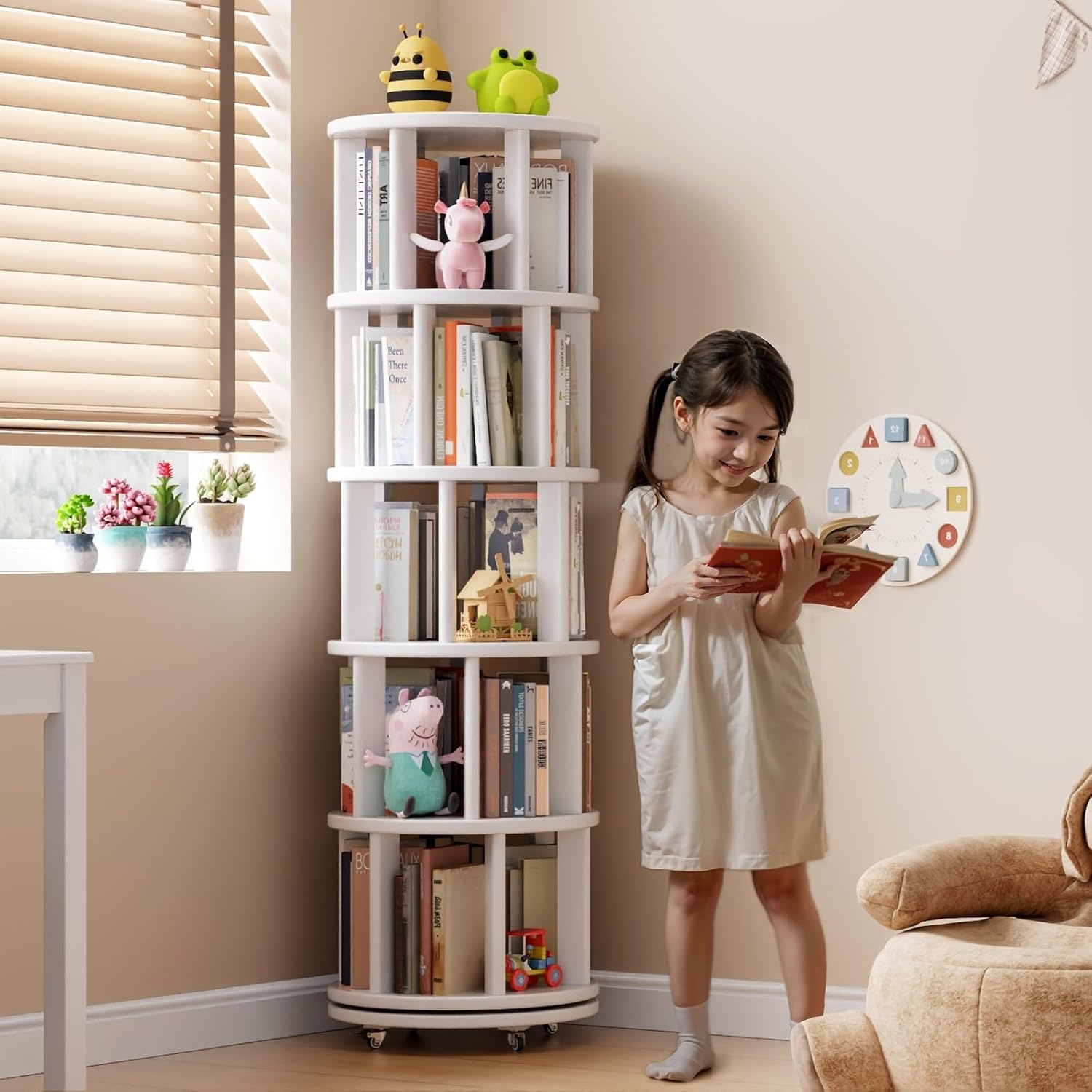 Muwuele Solid Wood Rotating Bookshelf on Wheels, 5 Tier, Round Revolving Bookcase, 360° Spinning Book Shelf Tower for Kids, Narrow Rolling Bookshelves for Small Space, Corner, Bedroom, Office, White