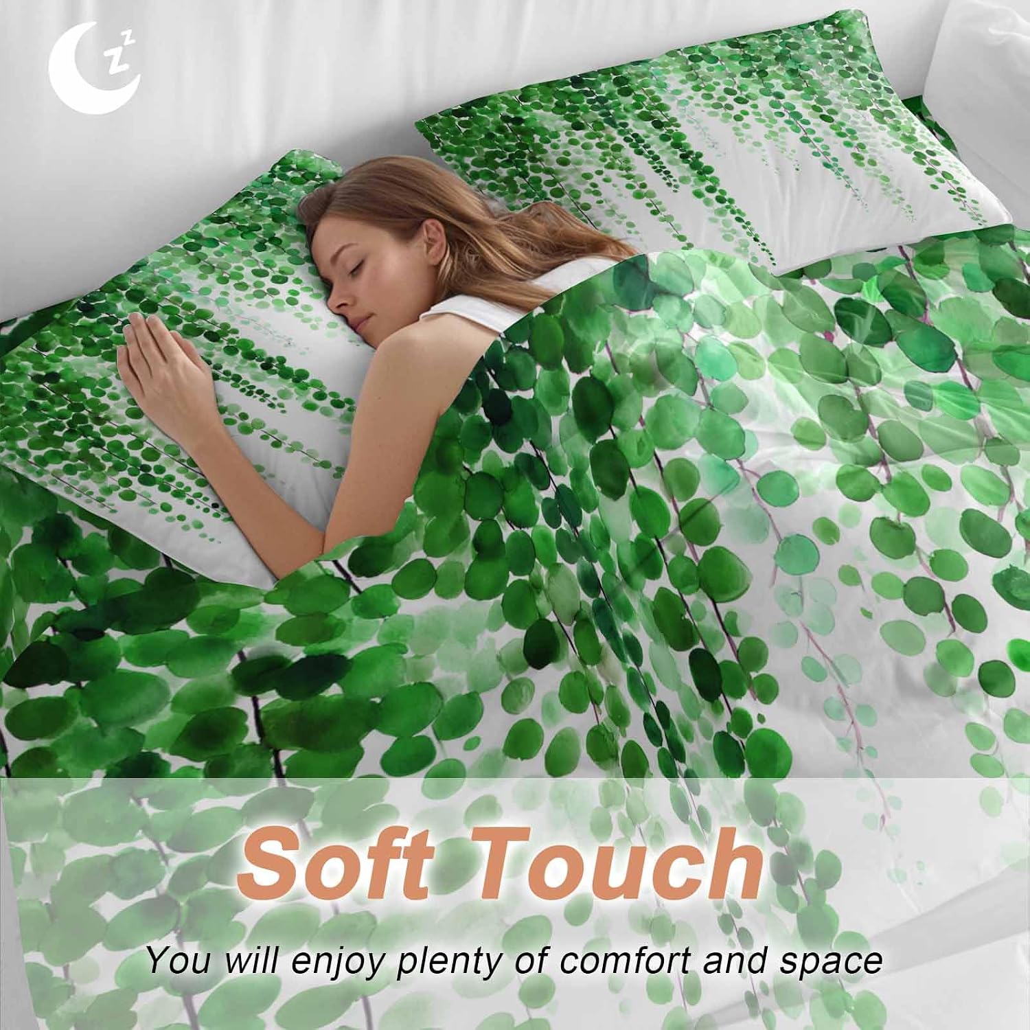 Prime Leader Green Eucalyptus Leaves Duvet Cover Set Queen Size 4 Pieces Summer Watercolor Plants Bedding Set with Zipper Closure, 1 Comforter Cover 92x106 Inches 1 Flat Sheet & 2 Pillow Cases
