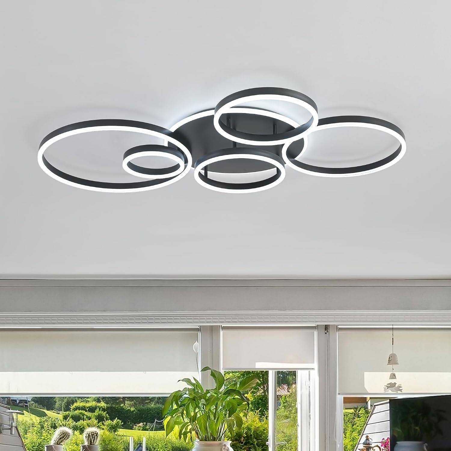 O'NEELDY Black Flush Mount Ceiling Light Dimmable Dining Room Light Fixture Round 6 Rings Modern LED Ceiling Light with Remote Control 47' Kitchen Lighting Fixture Ceiling Lamp for Living Room,Bedroom