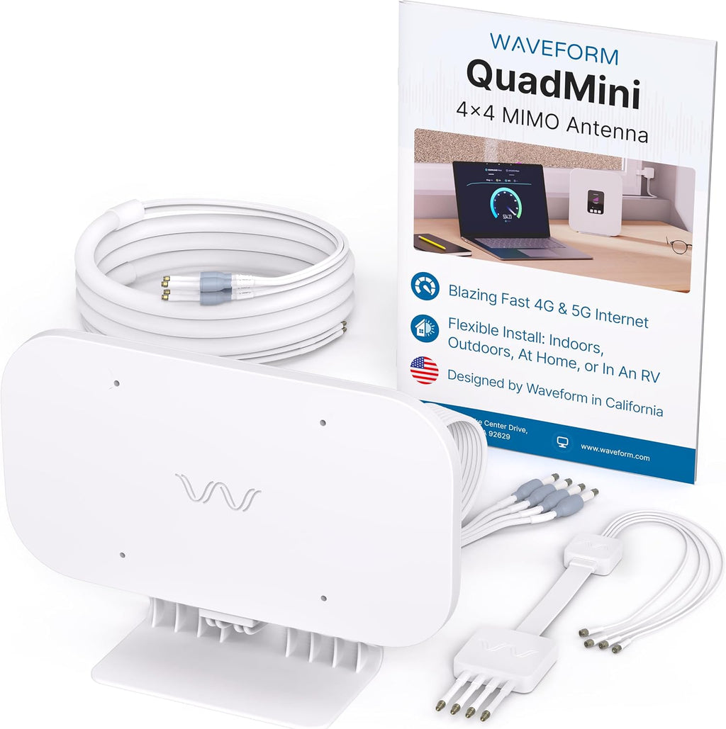 Waveform QuadMini Antenna 4x4 MIMO External Omnidirectional Antenna for 4G/5G Routers & Gateways with 20' Total Cable, 2X 10' UltraFlex-Quad Cables: Low-Loss Quad-195 Extension Cables