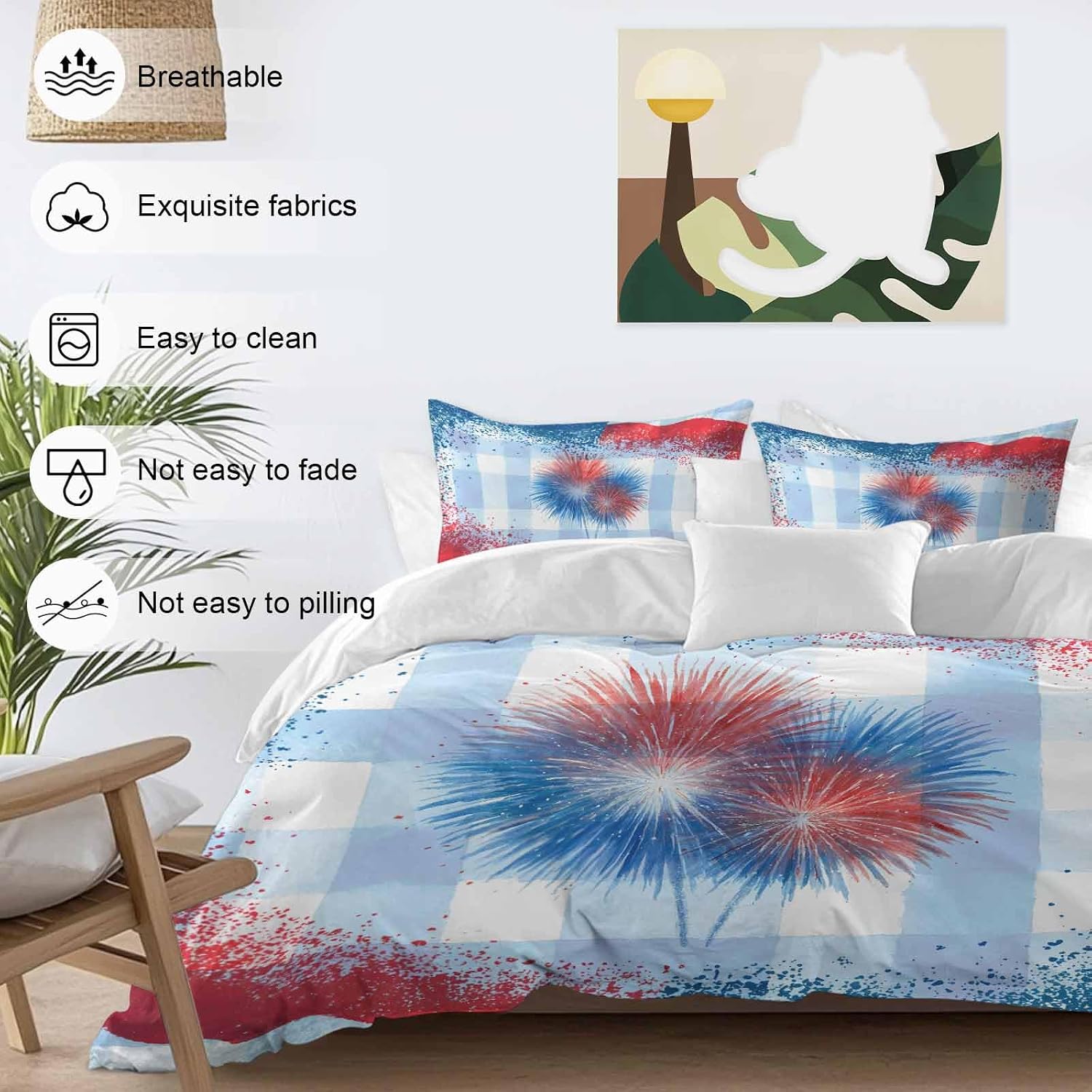 Independence Day Firework Duvet Cover Set Queen Size 4 Pieces 4th of July American Flag Blue Plaid Bedding Set with Zipper Closure, 1 Comforter Cover 92x106 Inches 1 Flat Sheet & 2 Pillow Cases
