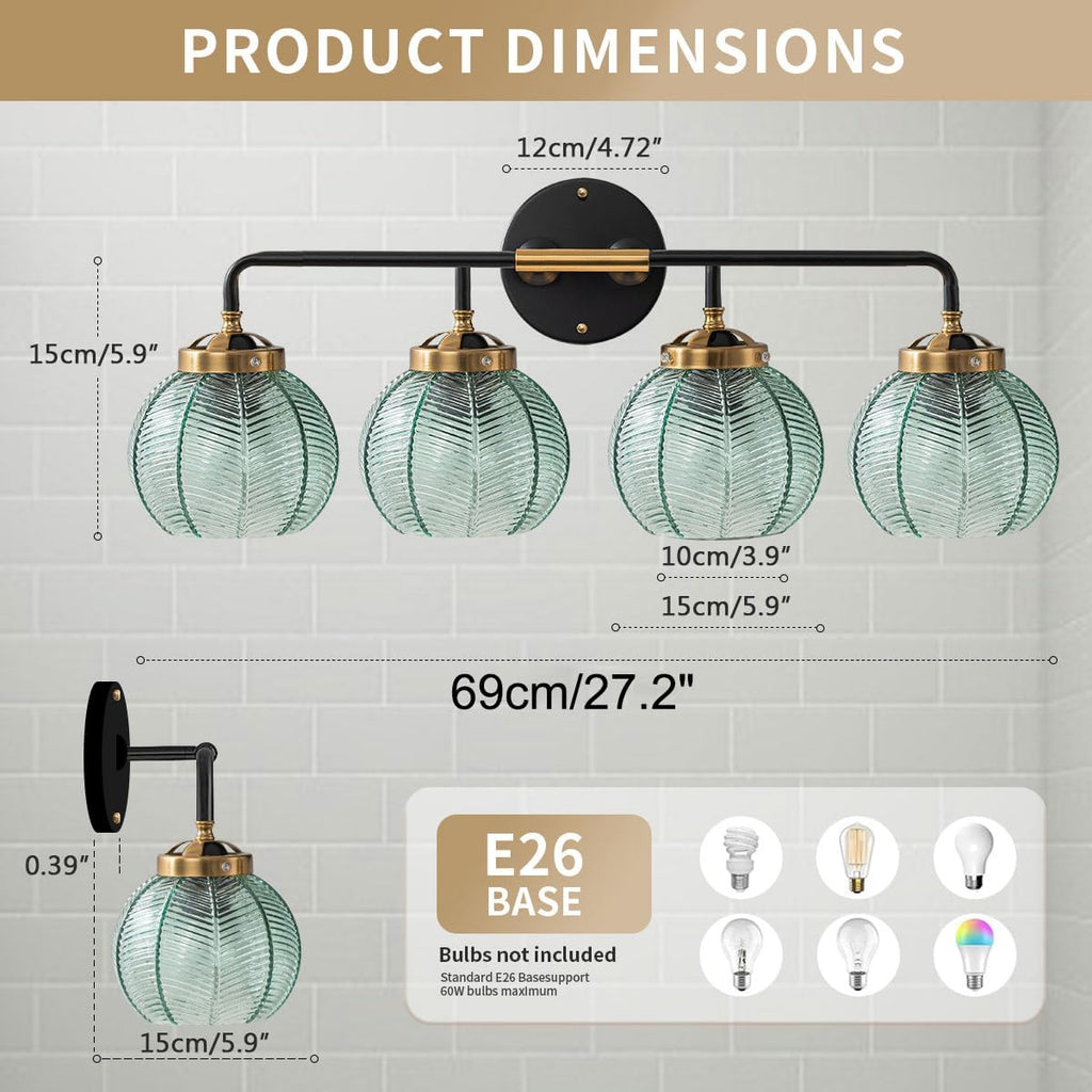 4-Lights Bathroom Light fixtures Glass Vanity Light Green Bathroom Sconce Mid Century Modern Wall Lamp,Black Gold Art Deco Vanity Light for Over Mirror Bedroom Hallway Dining Room