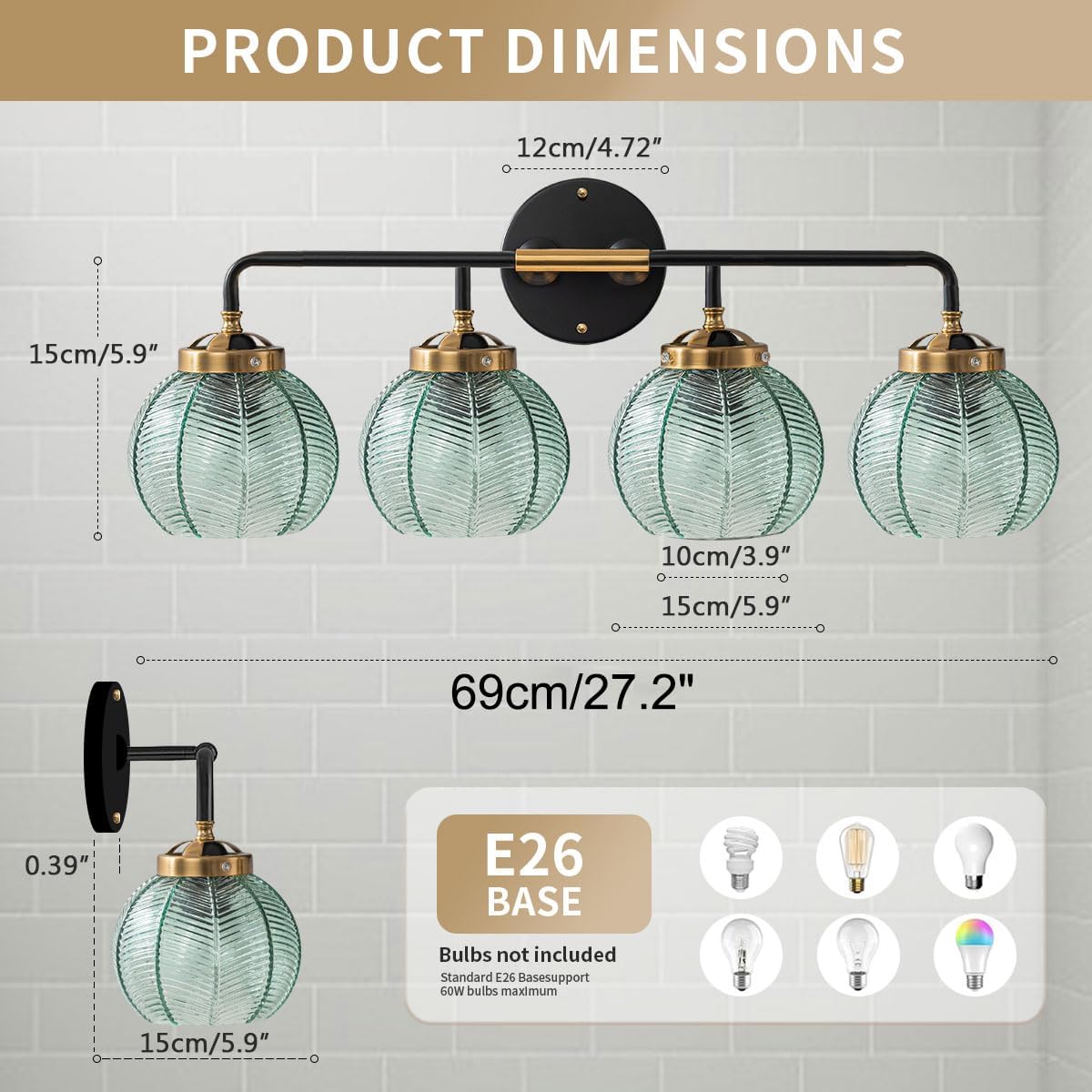 4-Lights Bathroom Light fixtures Glass Vanity Light Green Bathroom Sconce Mid Century Modern Wall Lamp,Black Gold Art Deco Vanity Light for Over Mirror Bedroom Hallway Dining Room