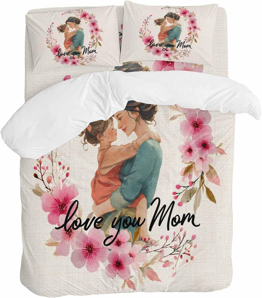 Mother's Day Duvet Cover Set Queen Size 4 Pieces Cartoon Characters Pink Flower Vintage Linen Texture Bedding Set with Zipper Closure, 1 Comforter Cover 92x106 Inches 1 Flat Sheet & 2 Pillow Cases